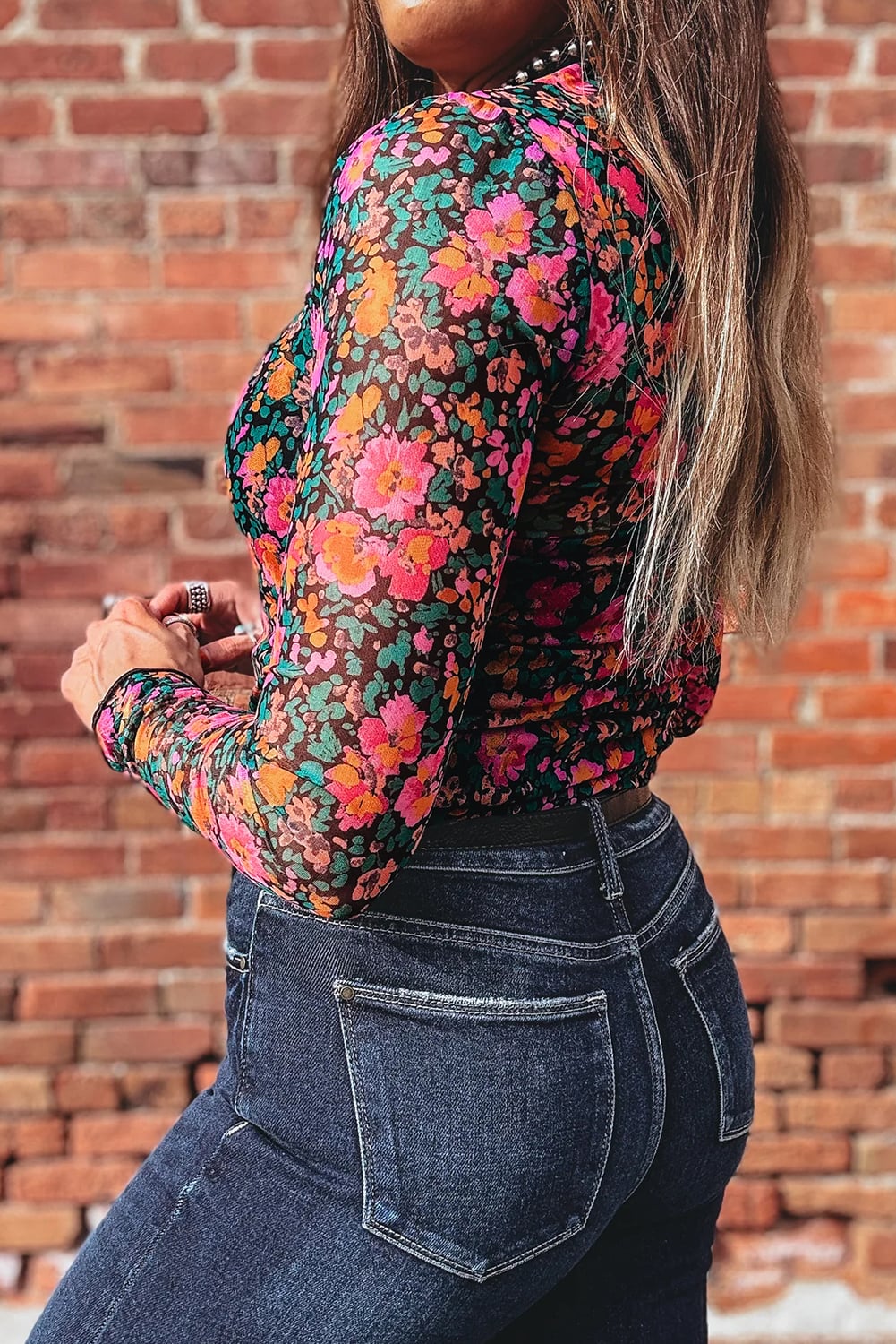 Rose Floral Print Slim Fit Mesh Long Sleeve Mock Neck Top