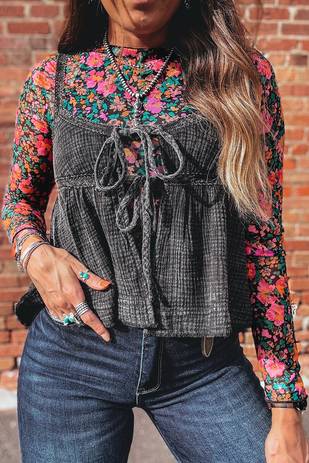 Rose Floral Print Slim Fit Mesh Long Sleeve Mock Neck Top