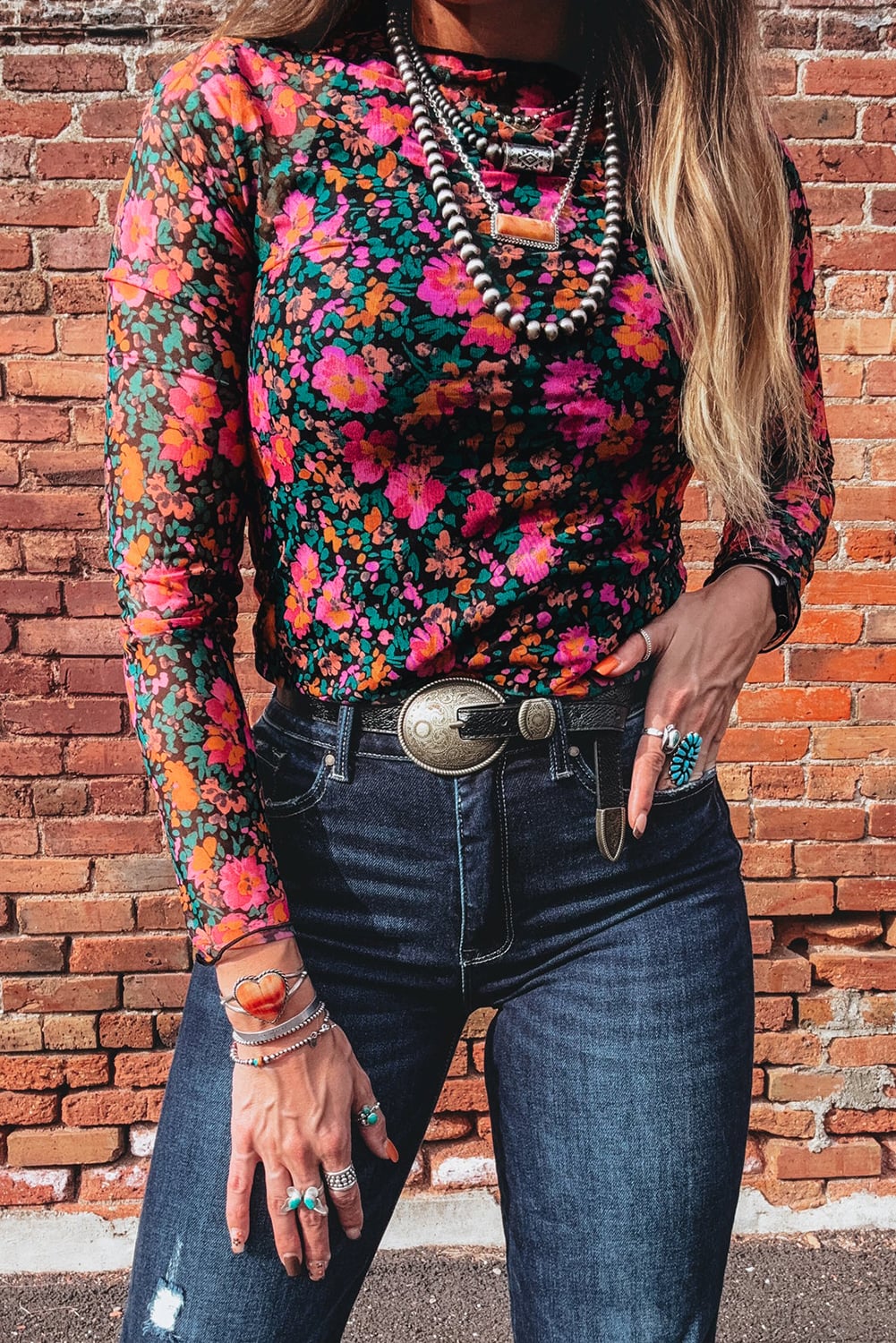 Rose Floral Print Slim Fit Mesh Long Sleeve Mock Neck Top