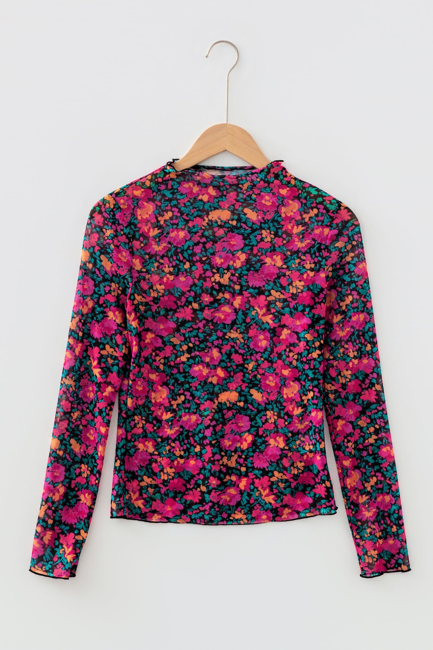 Rose Floral Print Slim Fit Mesh Long Sleeve Mock Neck Top