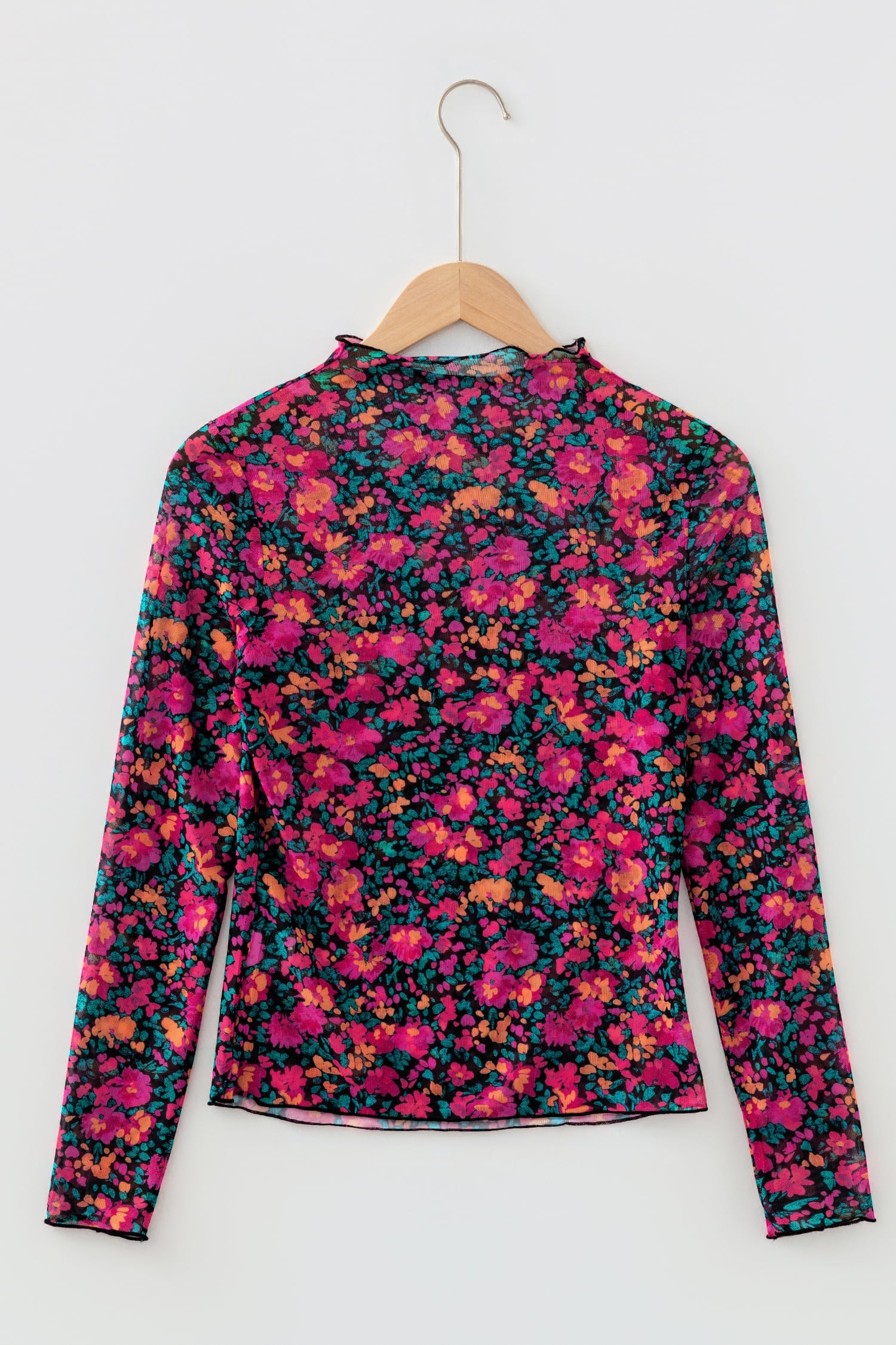 Rose Floral Print Slim Fit Mesh Long Sleeve Mock Neck Top