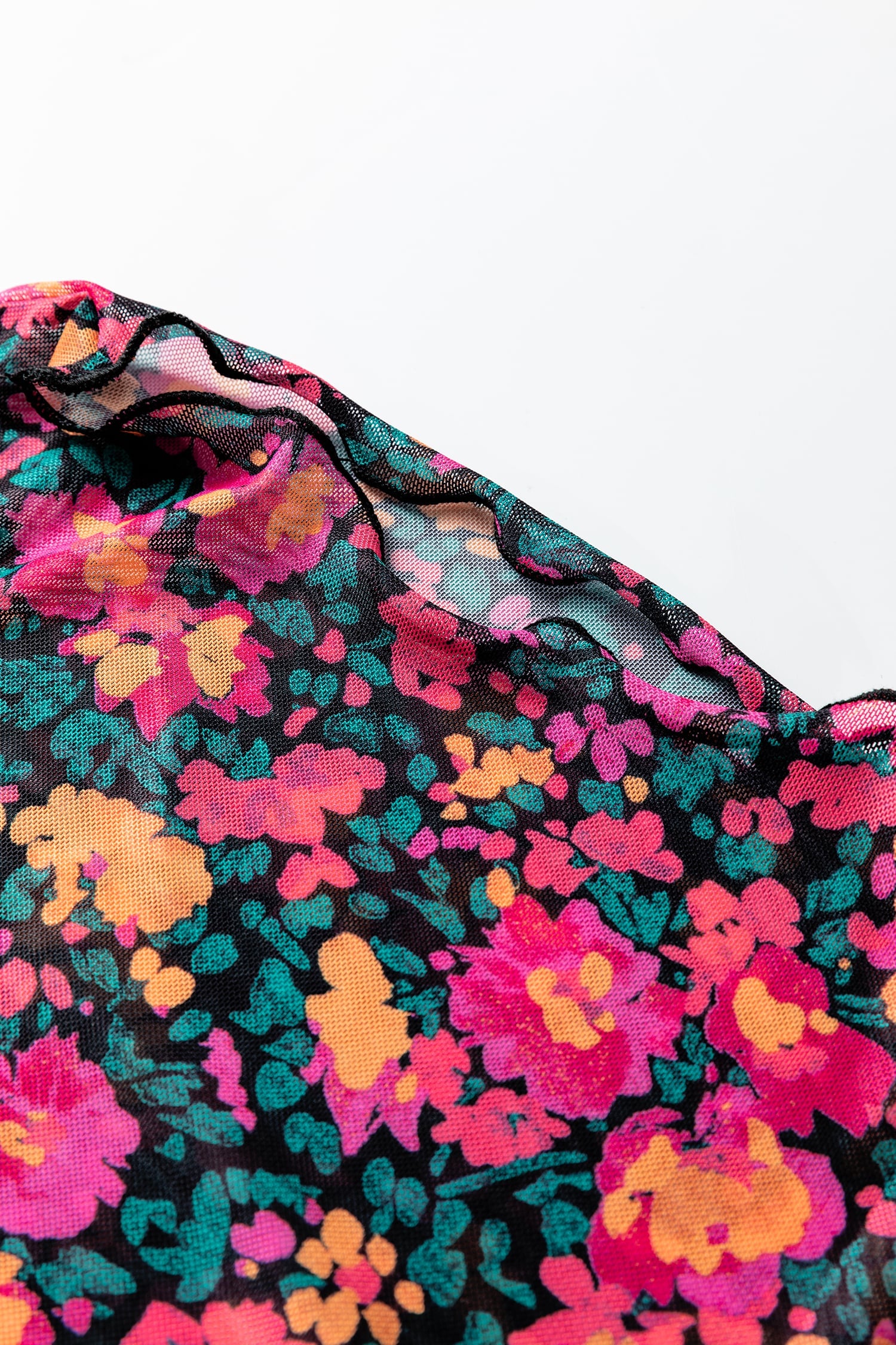 Rose Floral Print Slim Fit Mesh Long Sleeve Mock Neck Top