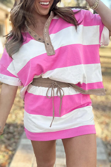 Rose Stripe Colorblock Trim Polo Tee Drawstring Mini Skirt 2pcs Set