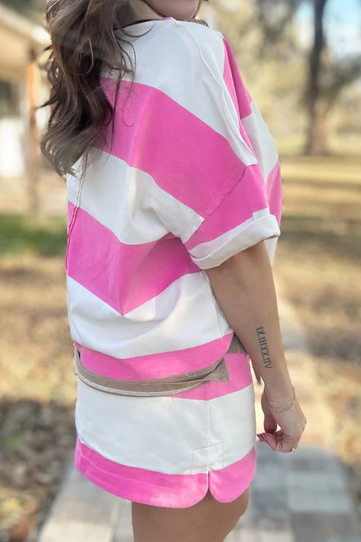 Rose Stripe Colorblock Trim Polo Tee Drawstring Mini Skirt 2pcs Set