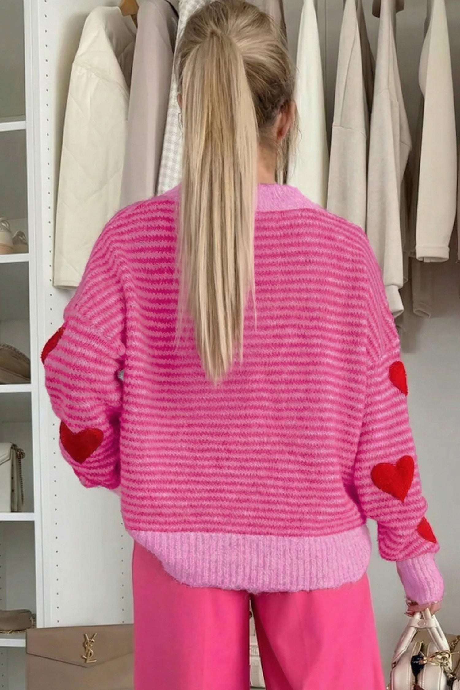 Rose Stripe Contrast Heart Pattern Valentine Knit Sweater