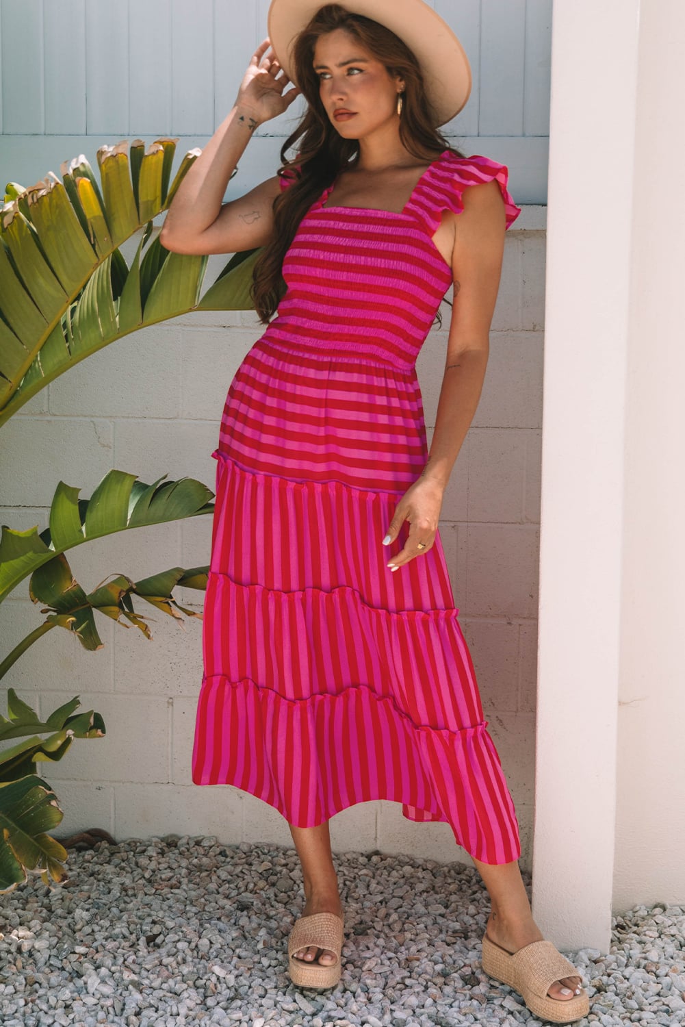 Rose Stripe Flutter Sleeve Smocked Bodice Tiered Maxi Dress