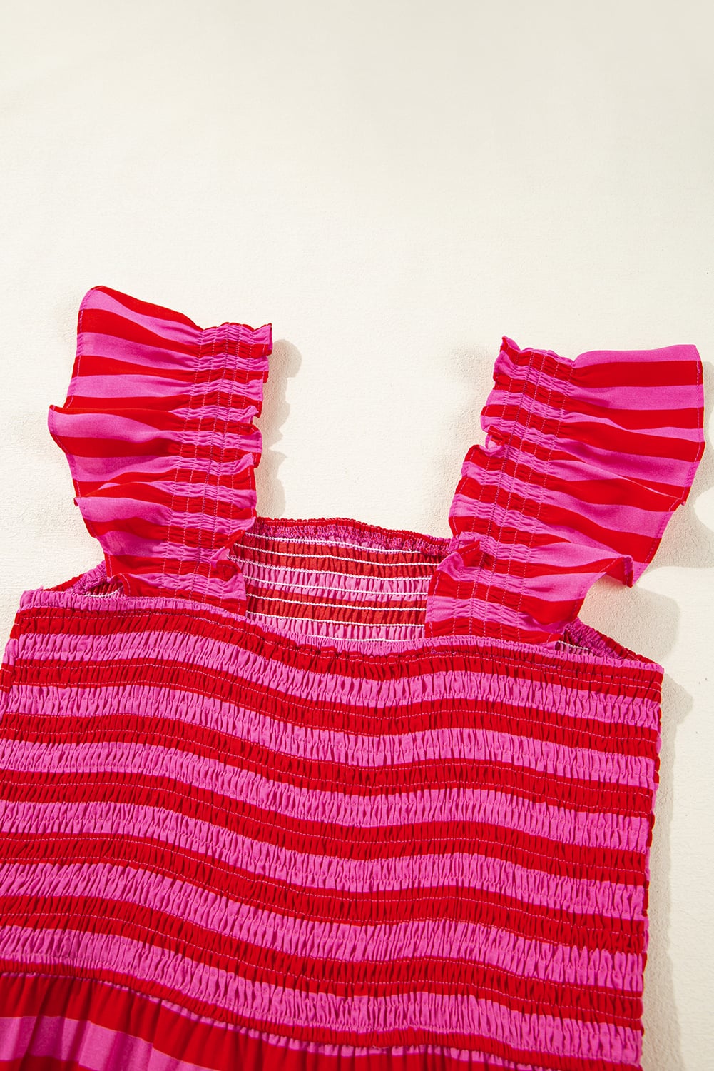 Rose Stripe Flutter Sleeve Smocked Bodice Tiered Maxi Dress