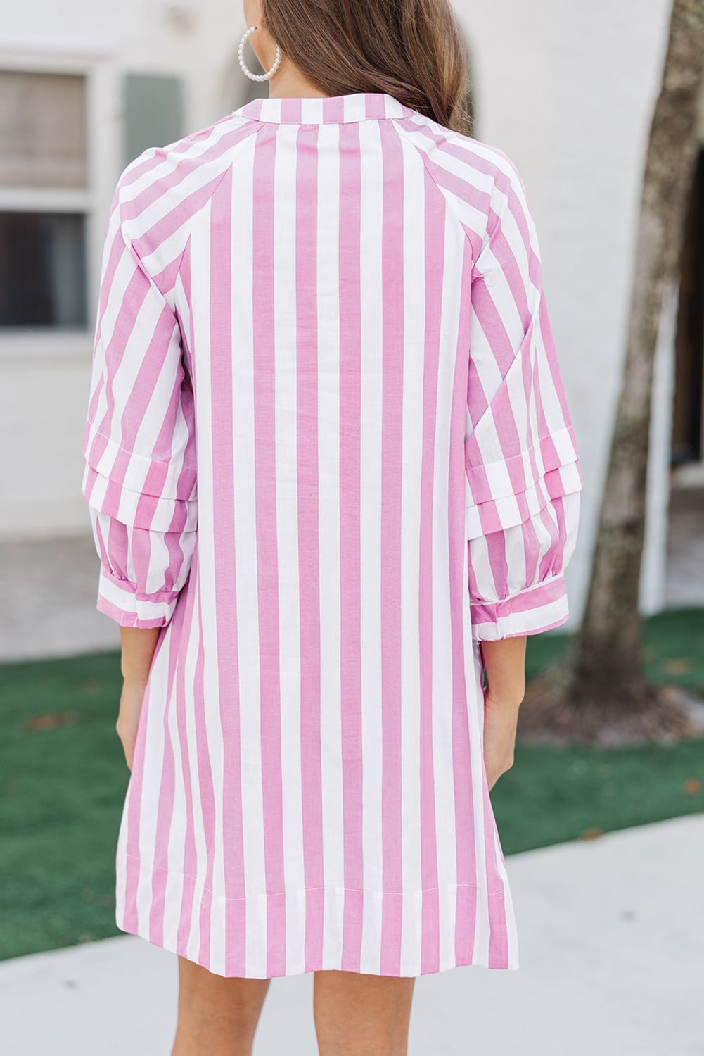 Rose Stripe Bracelet Sleeve Buttons Loose Mini Dress