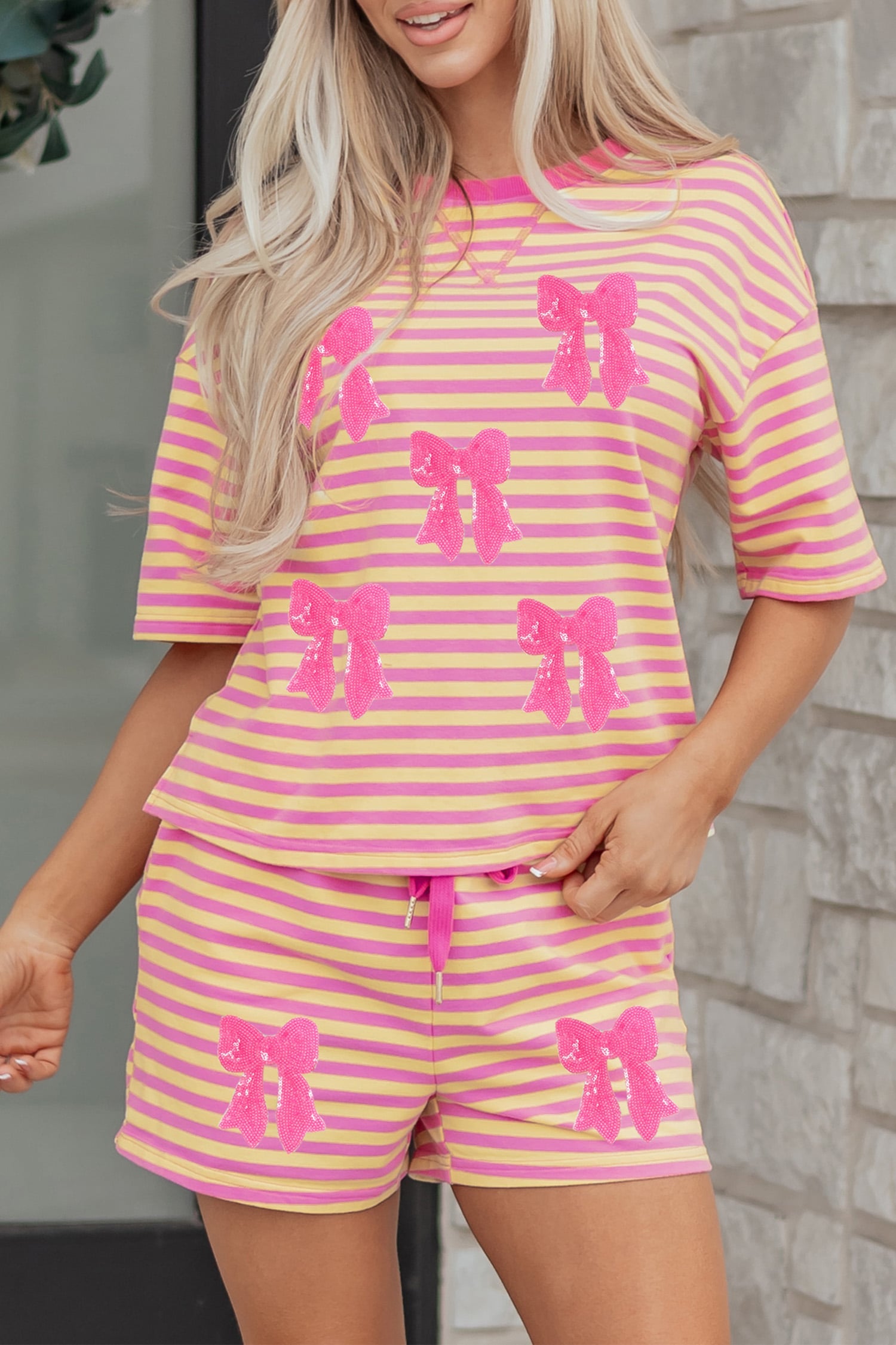 Rose Stripe Sequin Bow Short Two Piece Set