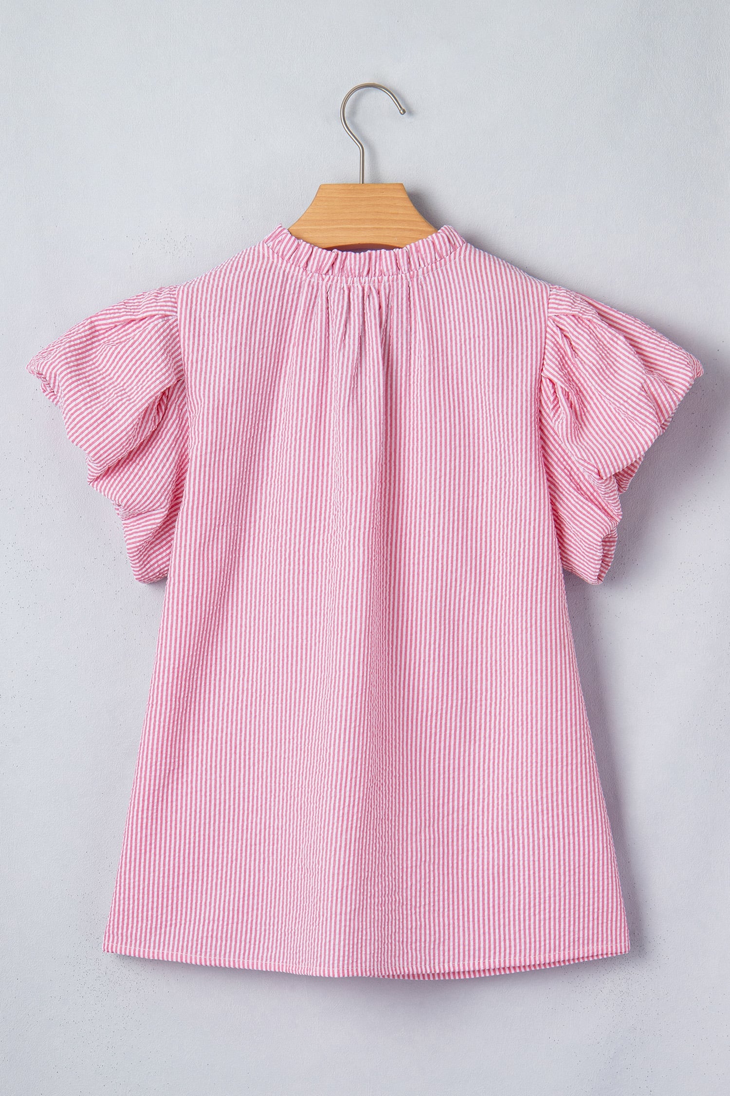 Rose Stripe Short Bubble Sleeve Split V Neck Blouse
