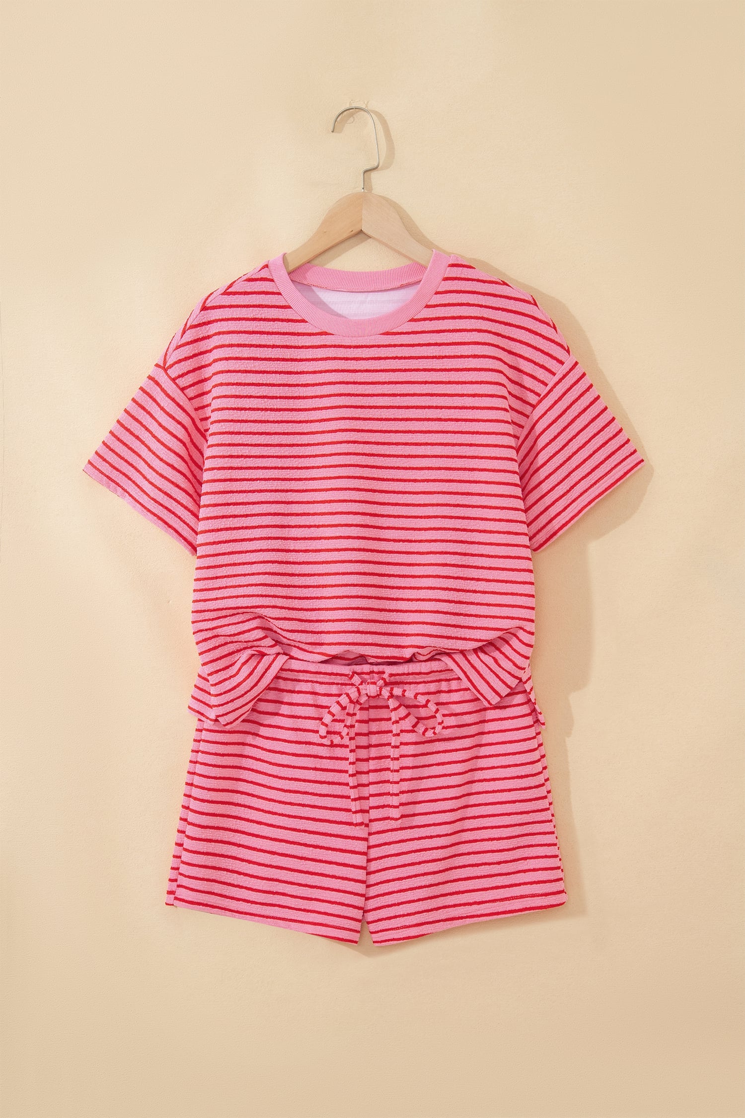 Rose Stripe Side Split Knit Tee Drawstring Shorts Set