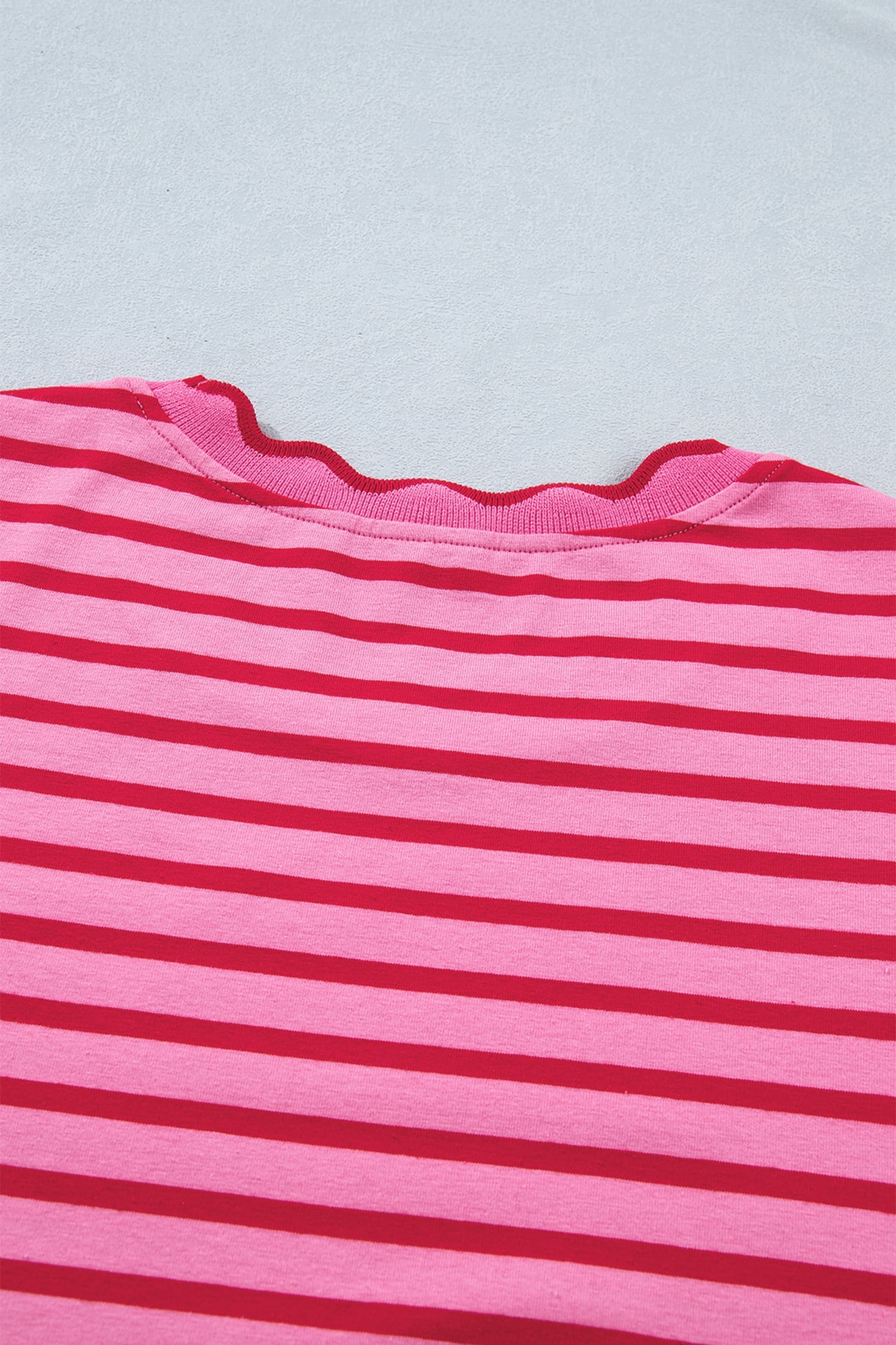 Rose Stripe Striped Short Sleeve Scalloped Trim Side Slit T-Shirt Dress