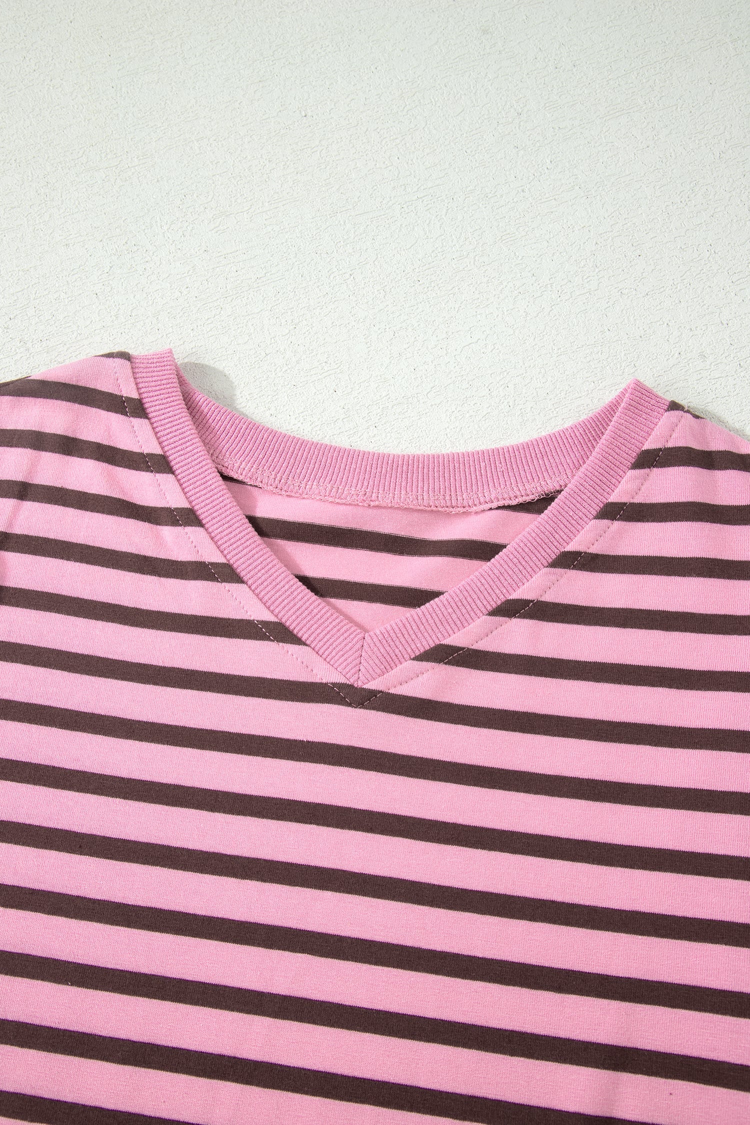 Rose Stripe Striped V-Neck Ribbed Collar Cuff Gathering Puff Sleeve Top