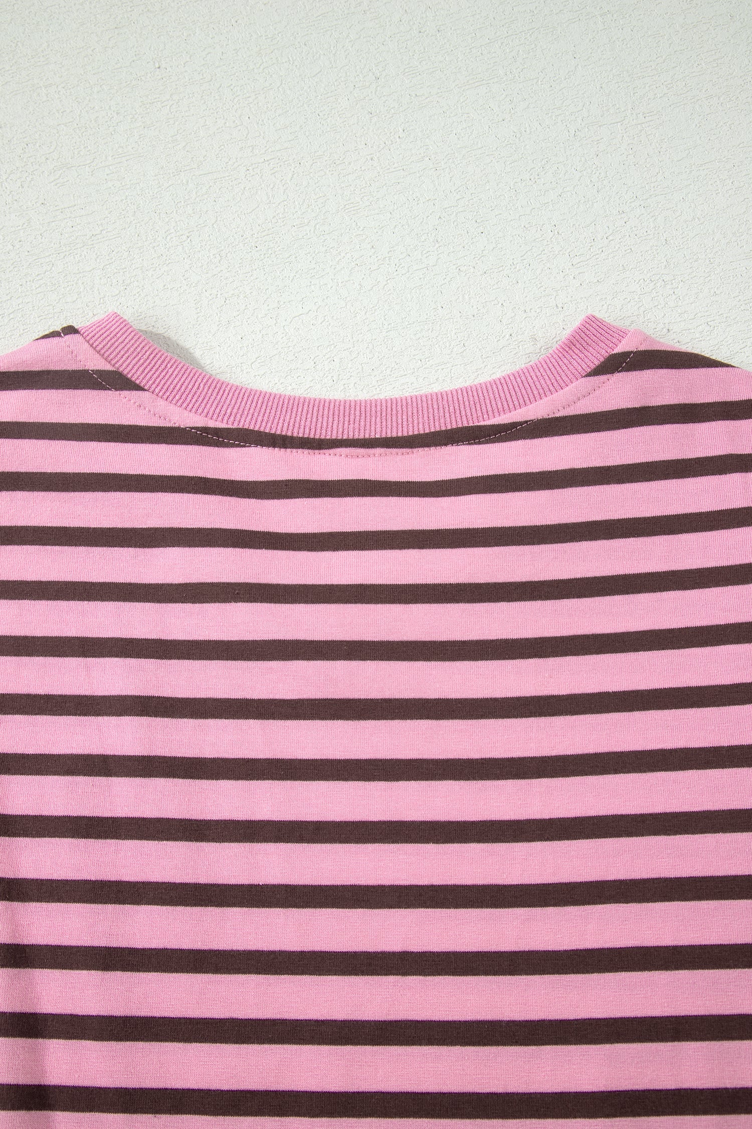 Rose Stripe Striped V-Neck Ribbed Collar Cuff Gathering Puff Sleeve Top