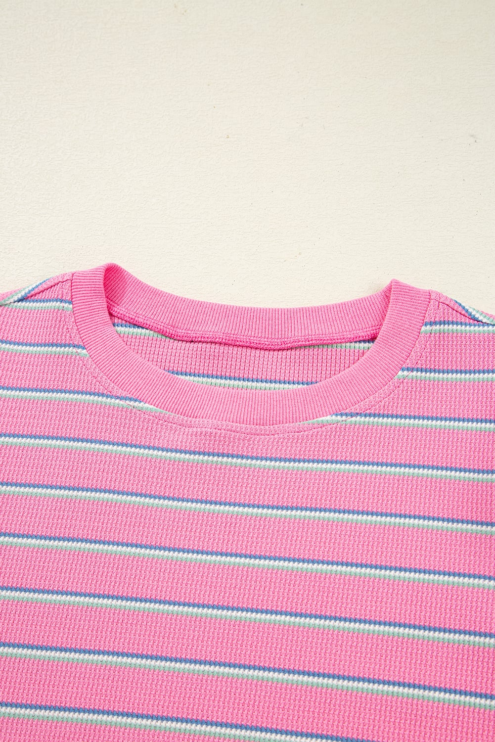 Rose Stripe Textured Knit Round Neck Long Sleeve Top