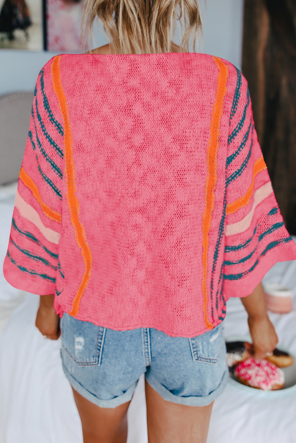 Rose Striped Detail Wide Sleeve Lightweight Knitted Sweater