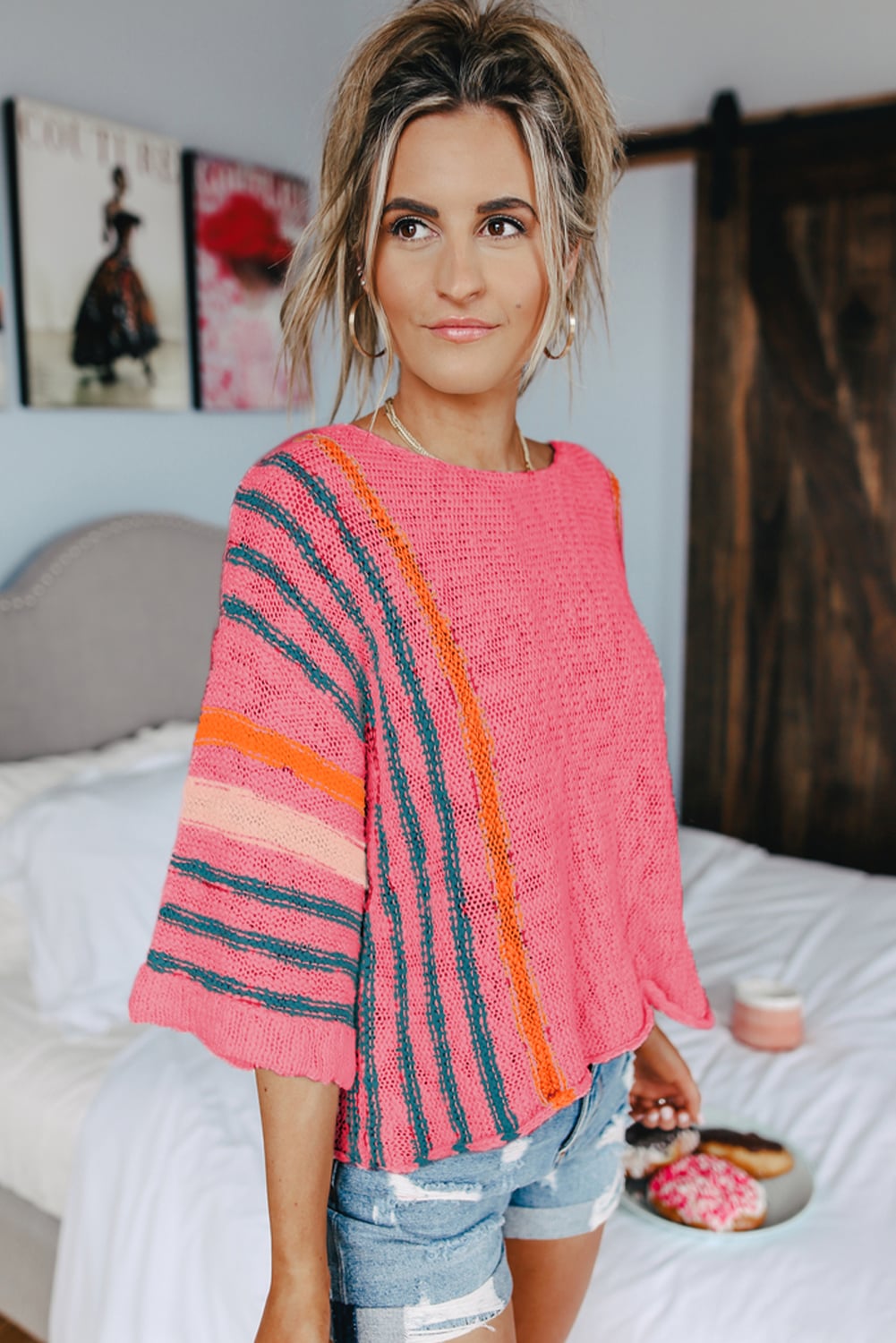 Rose Striped Detail Wide Sleeve Lightweight Knitted Sweater