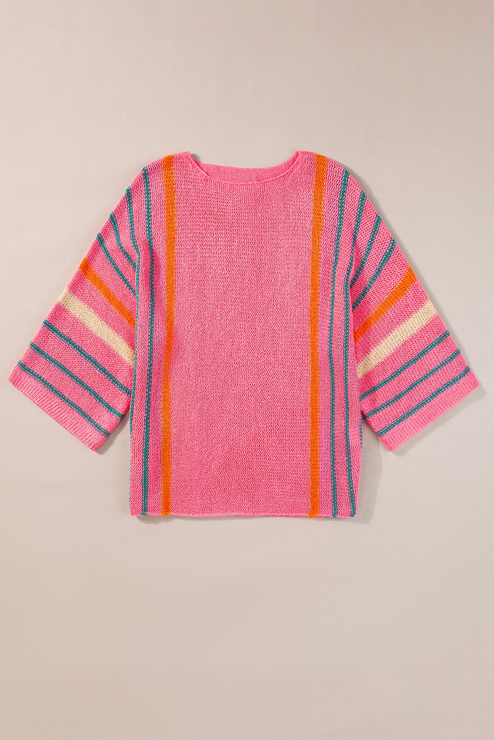 Rose Striped Detail Wide Sleeve Lightweight Knitted Sweater