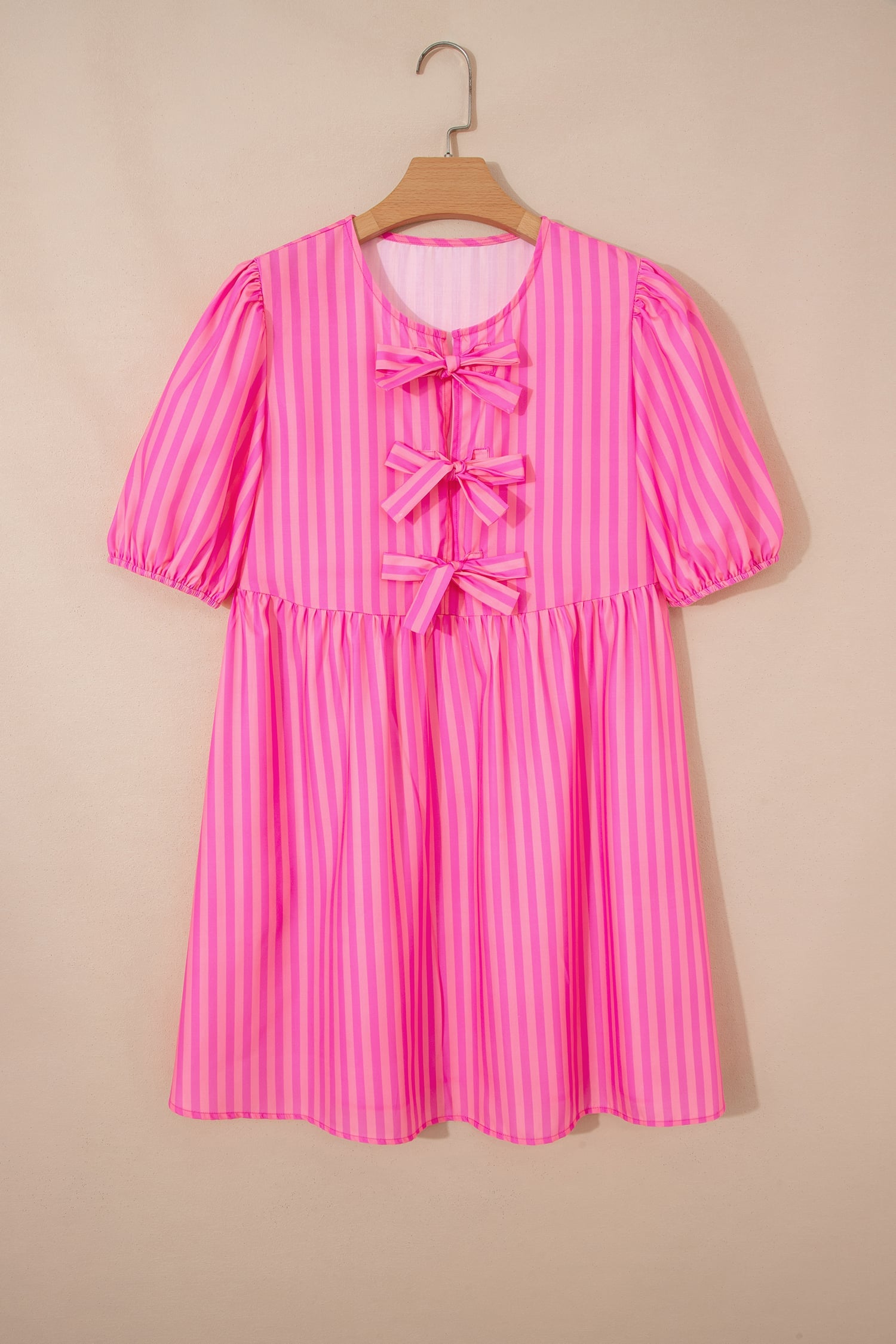 Rose Striped Print Bow Detail Short Puff Sleeve Mini Dress