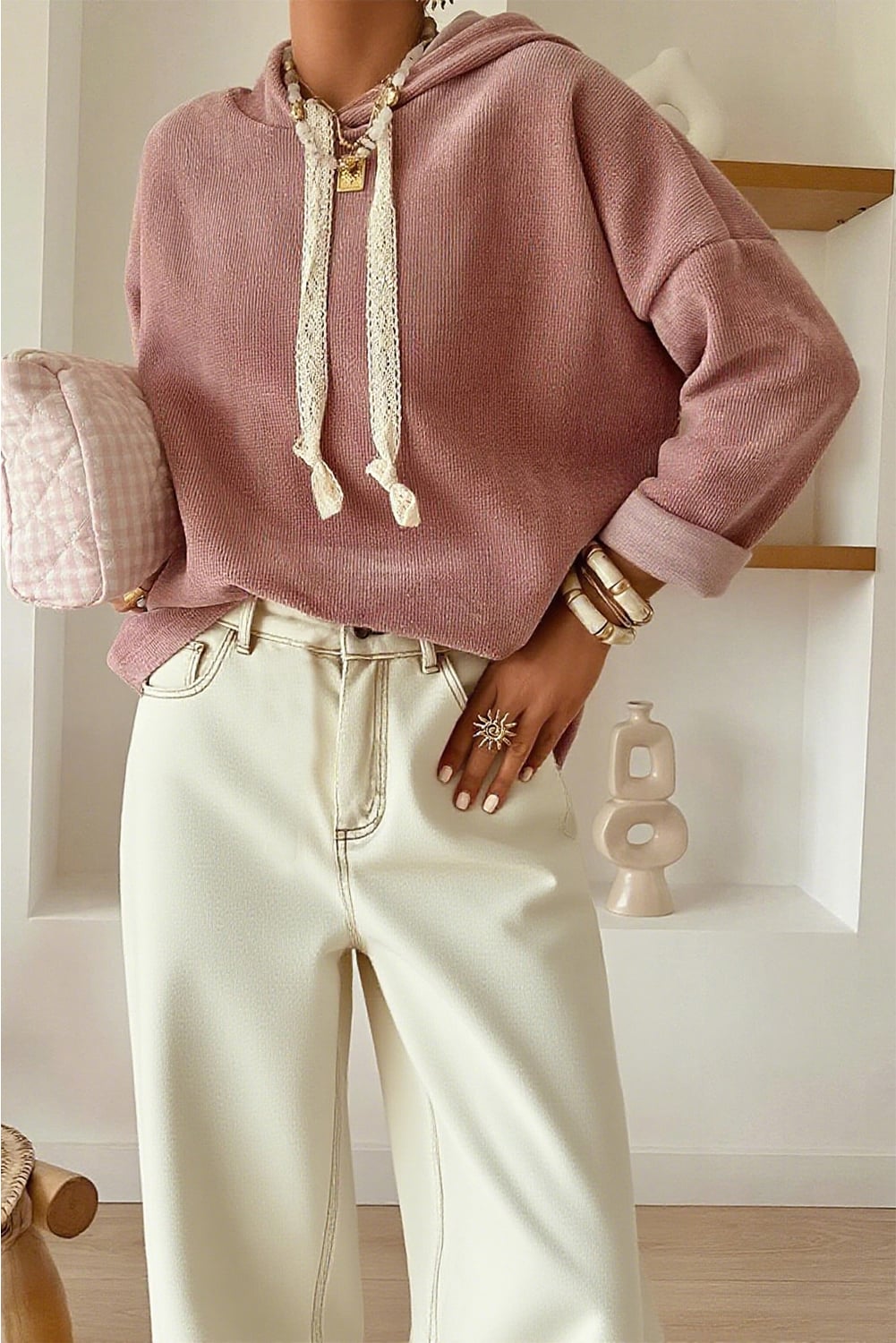 Rose Tan Thermal Textured Lace Drawstring Baggy Hoodie