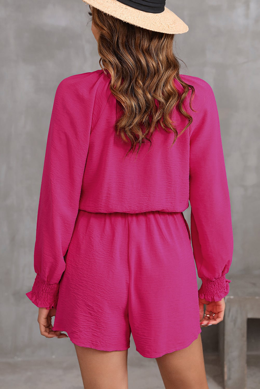 Rose Tie Knot V Neck Puff Long Sleeve Romper