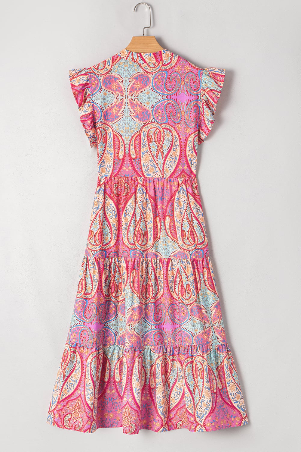 Rose Tribal Paisley Print Ruffled Sleeve Notch Neck Midi Dress