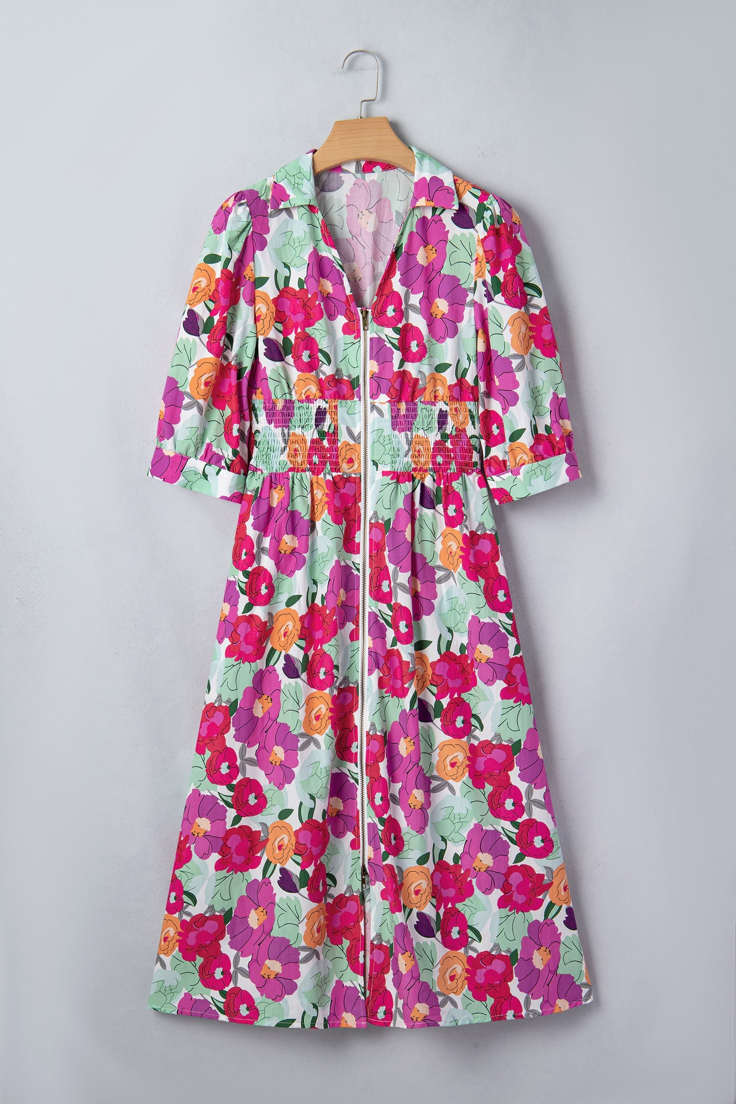 Rose Vibrant Floral Print V Neck Zip Up Puffy Half Sleeve Dress