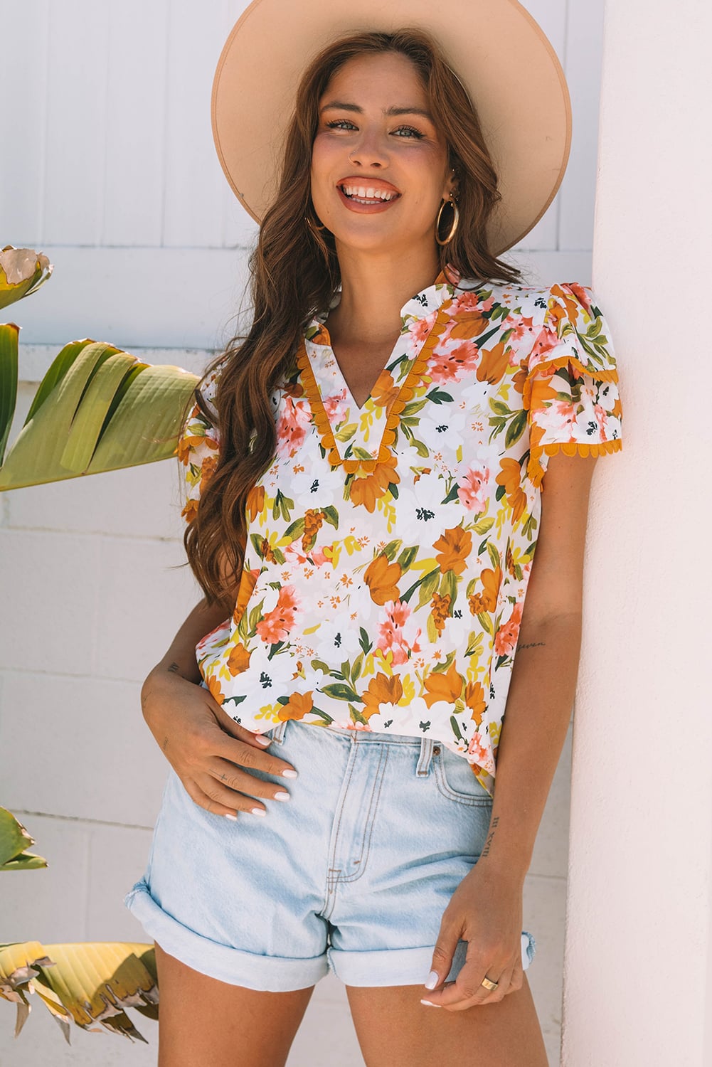 Russet Orange Ruffled V Neck Scalloped Short Sleeve Floral Blouse