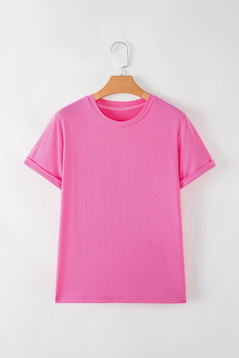 Sachet Pink Bright Casual Plain Crew Neck Tee