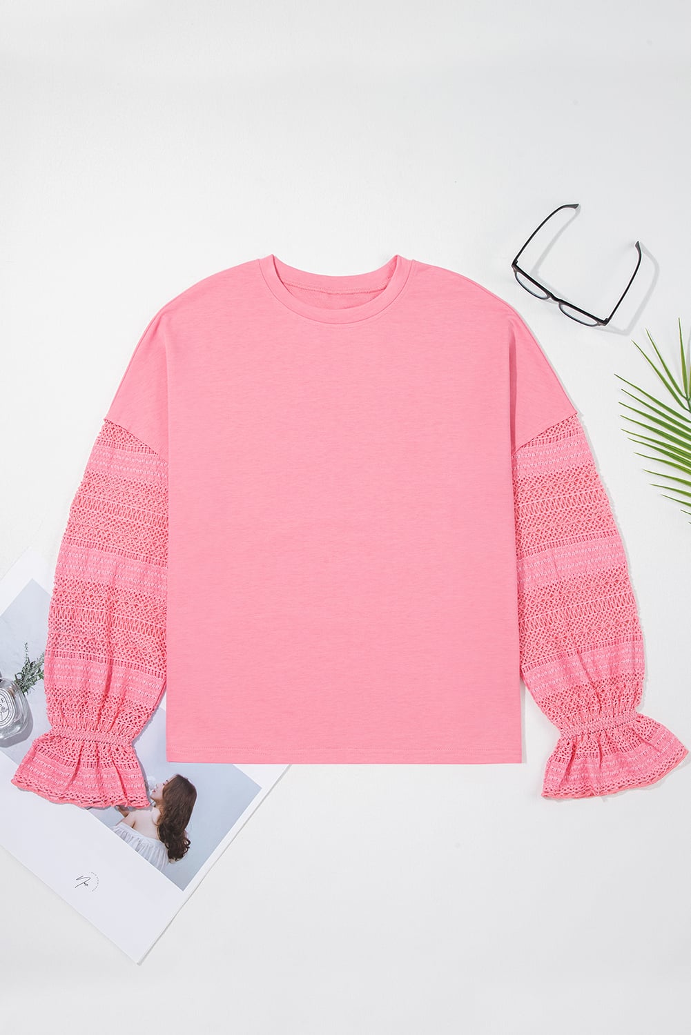 Sachet Pink Drop Shoulder Lace Ruffled Sleeve Patchwork Loose Sweatshirt