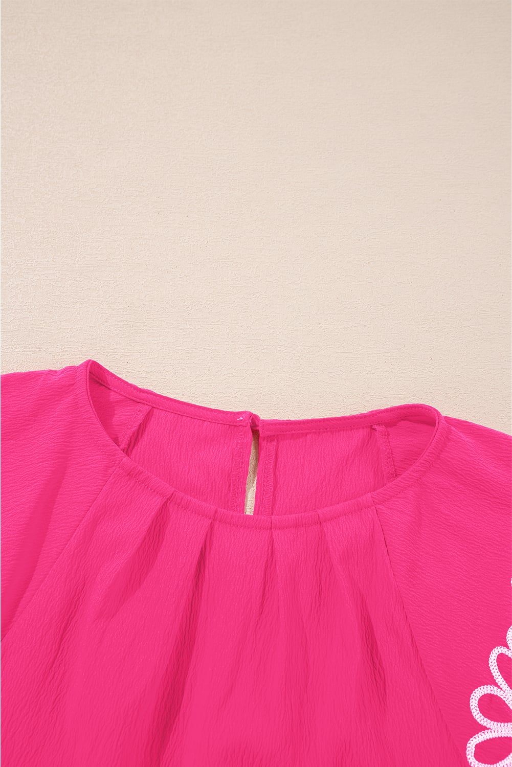 Sachet Pink Floral Embroidered Flutter Sleeve Pleated Neck Blouse