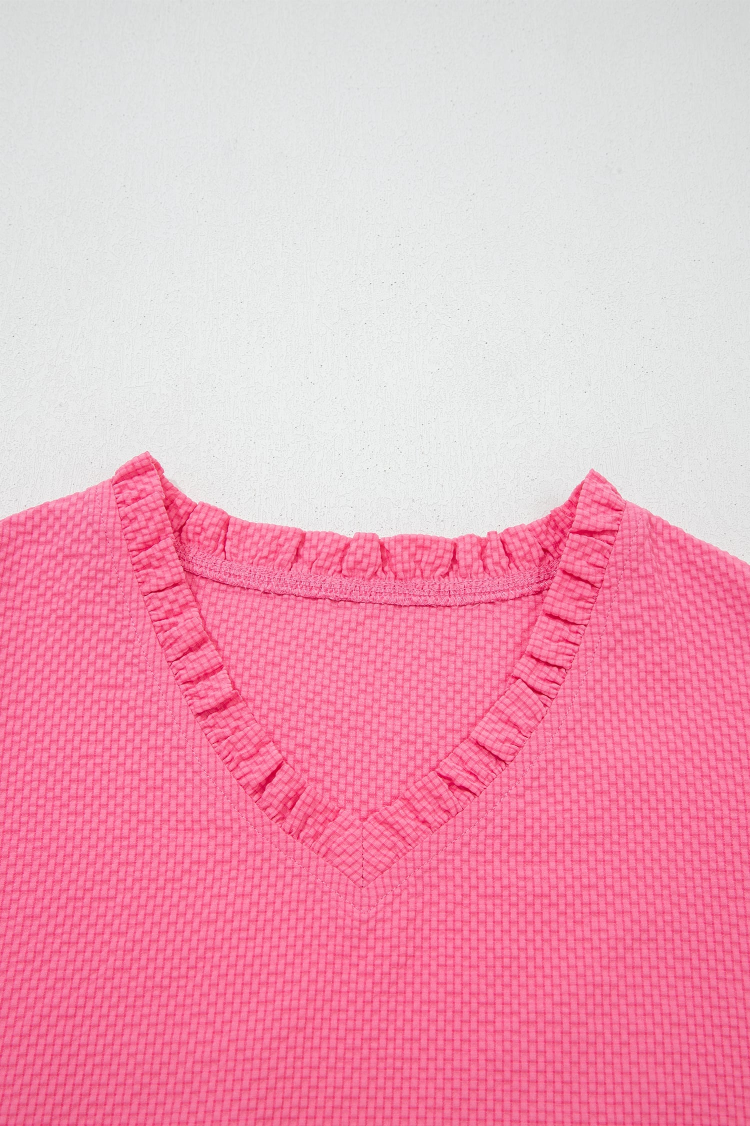Sachet Pink Frilled V Neck Flower Embroidered Puff Sleeve Textured Blouse