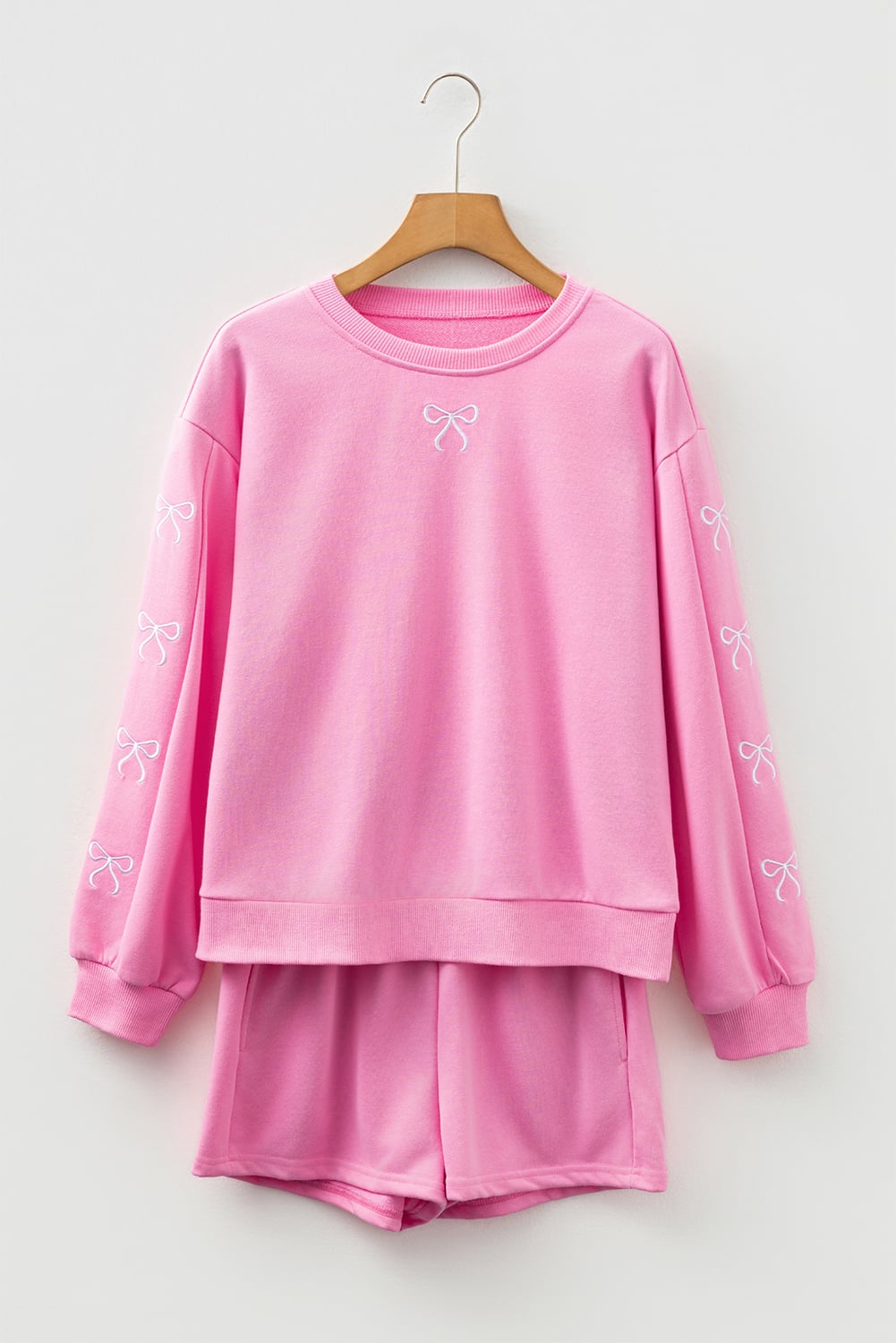 Sachet Pink Girly Bow Embroidered Detail Puff Sleeve Pullover 2pcs Short Set
