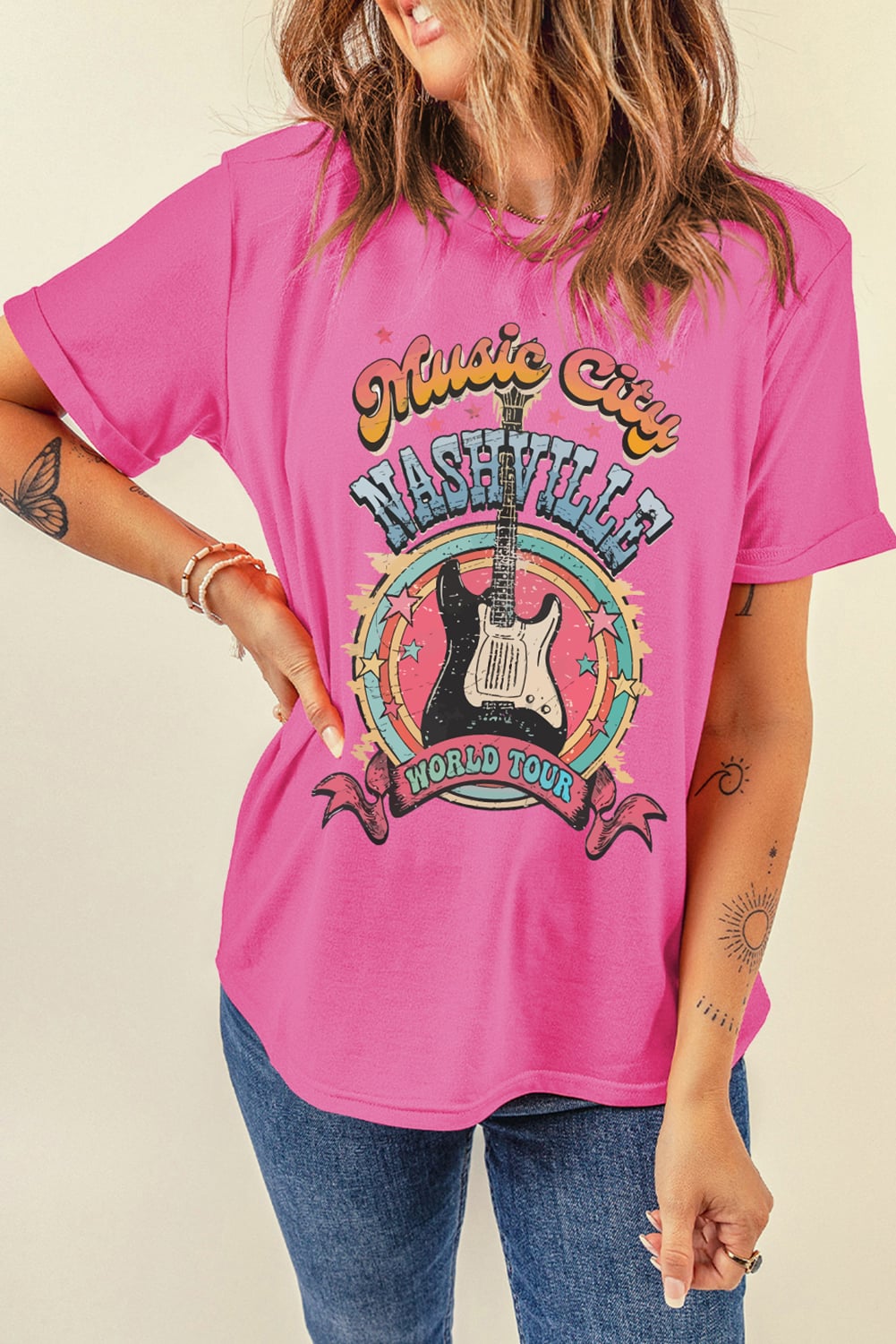 Sachet Pink Nashville WORLD TOUR Music City Guitarist Graphic Tee