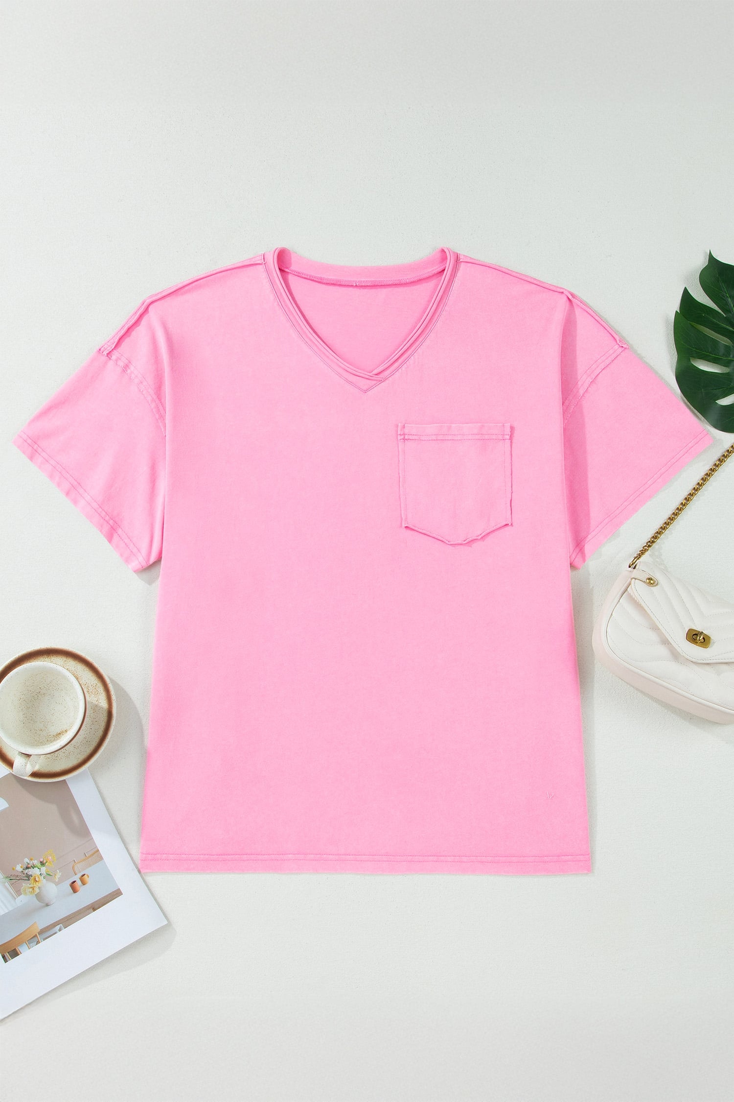 Sachet Pink Plus Size Mineral Wash Raw Edge Round Neck Tee
