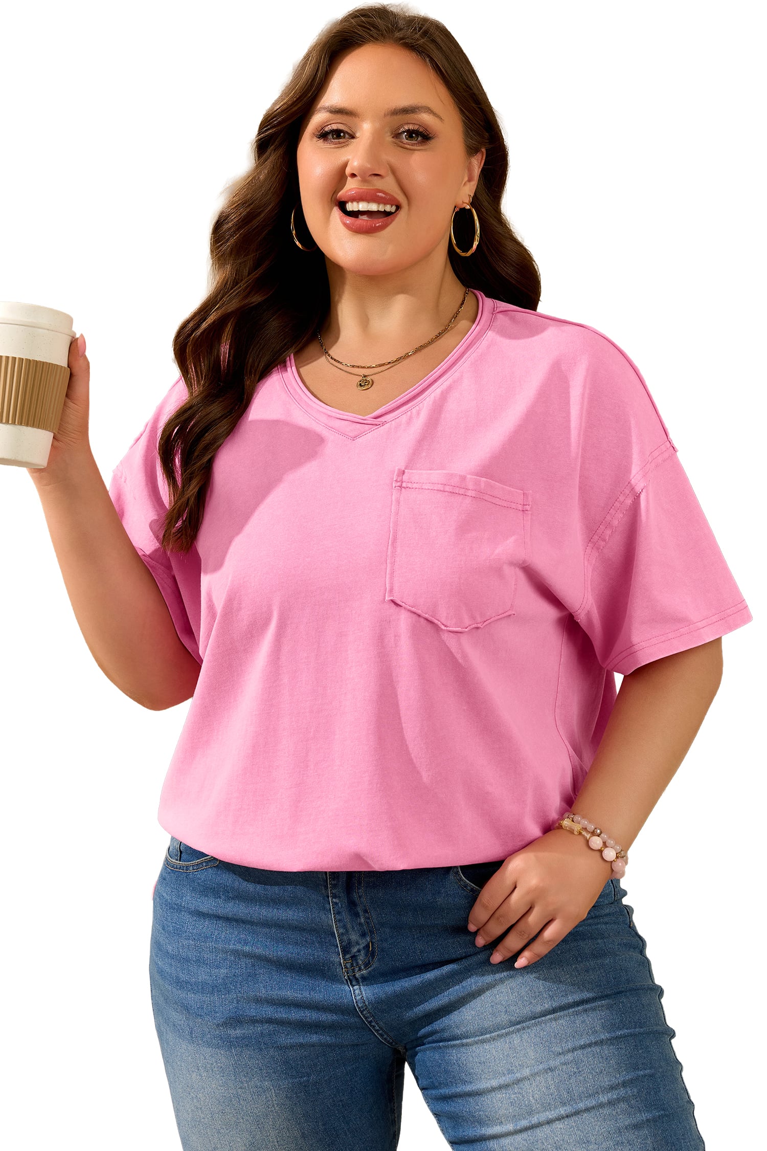 Sachet Pink Plus Size Mineral Wash Raw Edge Round Neck Tee