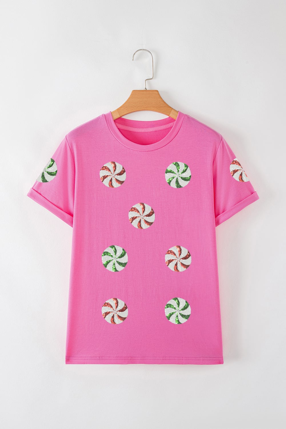 Sachet Pink Sequined Peppermint Pattern Christmas Custom T Shirt