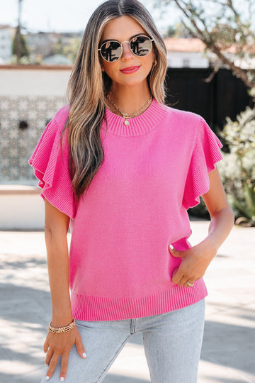 Sachet Pink Solid Color Ribbed Trim Round Neck Ruffle Short Sleeve Sweater