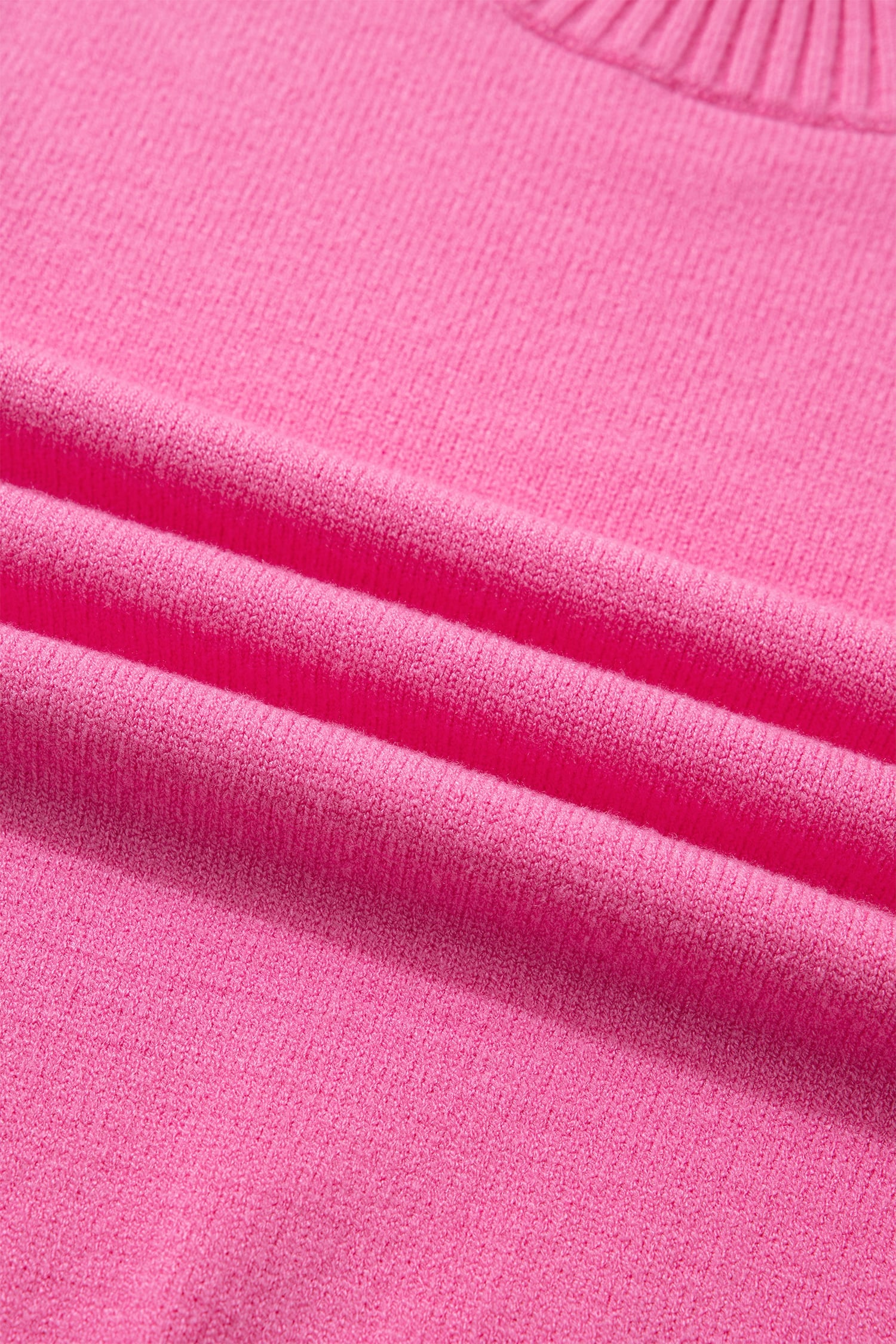 Sachet Pink Solid Color Ribbed Trim Round Neck Ruffle Short Sleeve Sweater