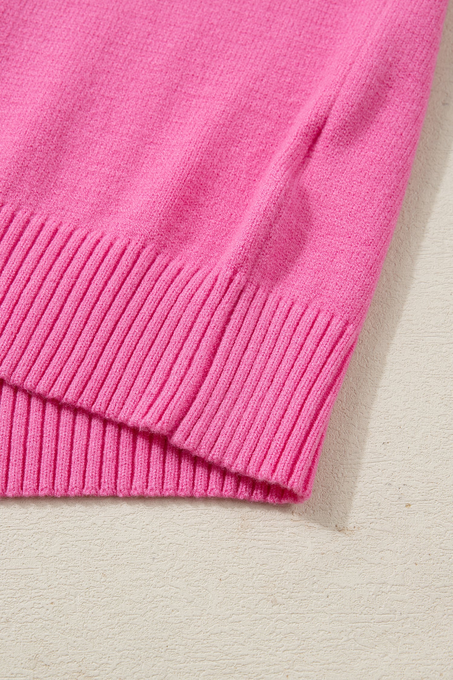 Sachet Pink Solid Color Ribbed Trim Round Neck Ruffle Short Sleeve Sweater