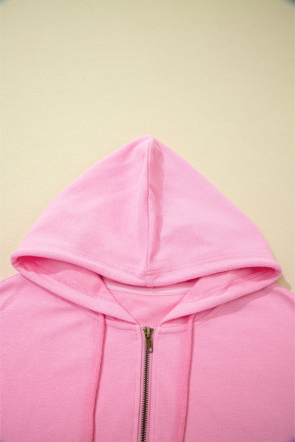 Sachet Pink Solid Color Ribbed Zip Up Drawstring Hooded Jacket