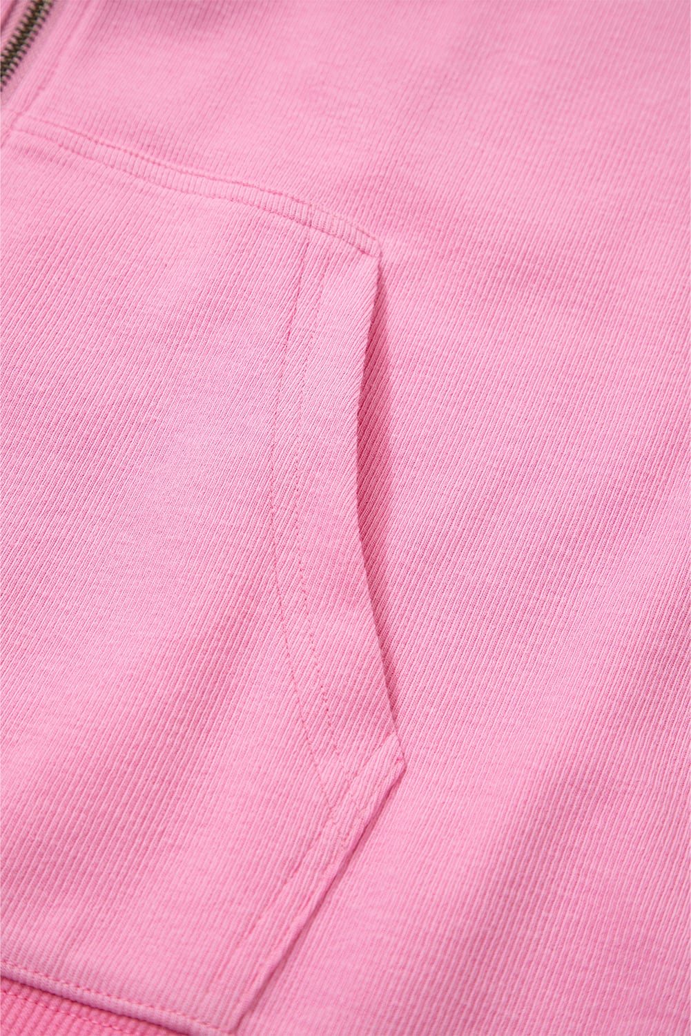 Sachet Pink Solid Color Ribbed Zip Up Drawstring Hooded Jacket