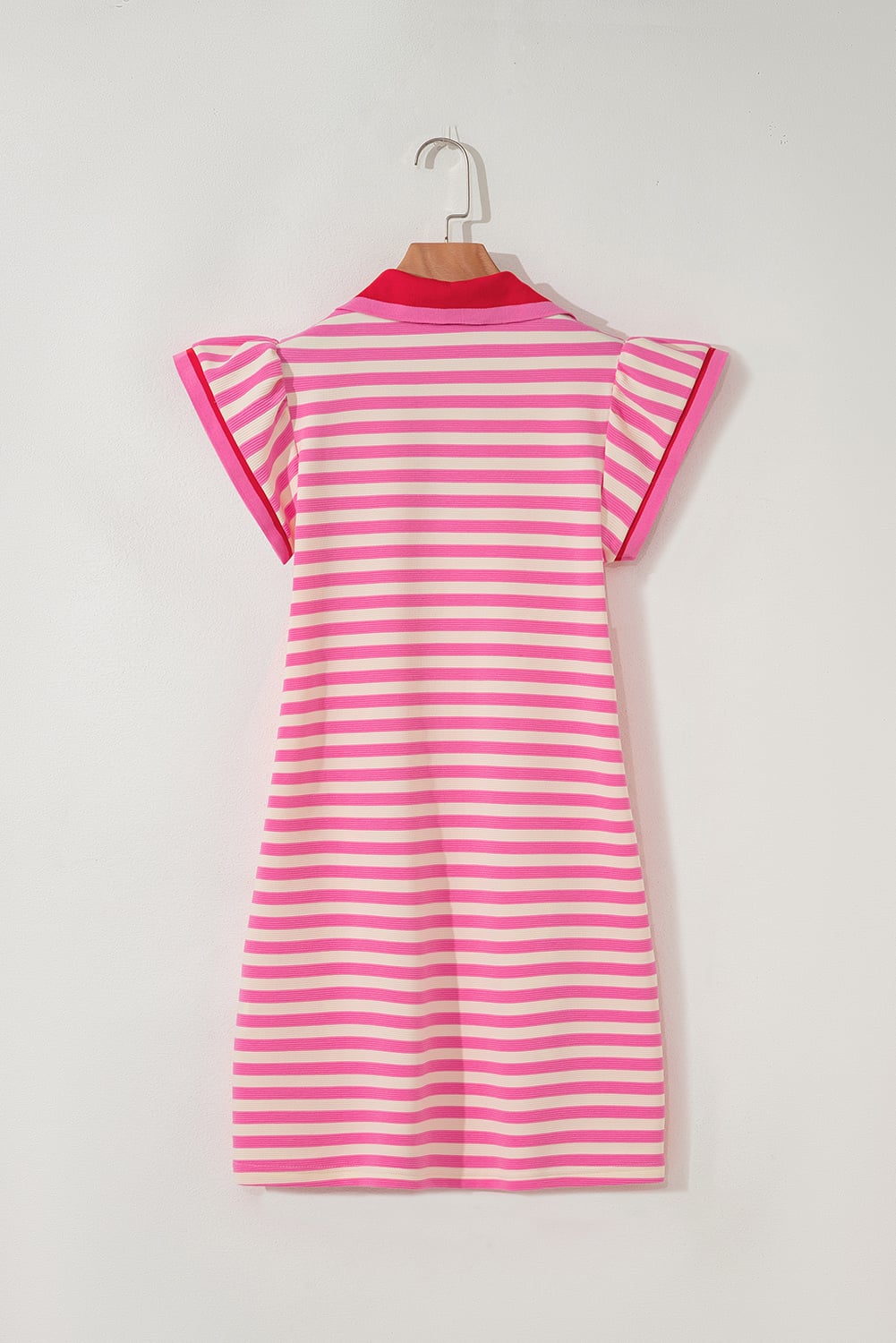 Sachet Pink Stripe Print Contrast Collar Split Neck Flutter Sleeve Short Dress