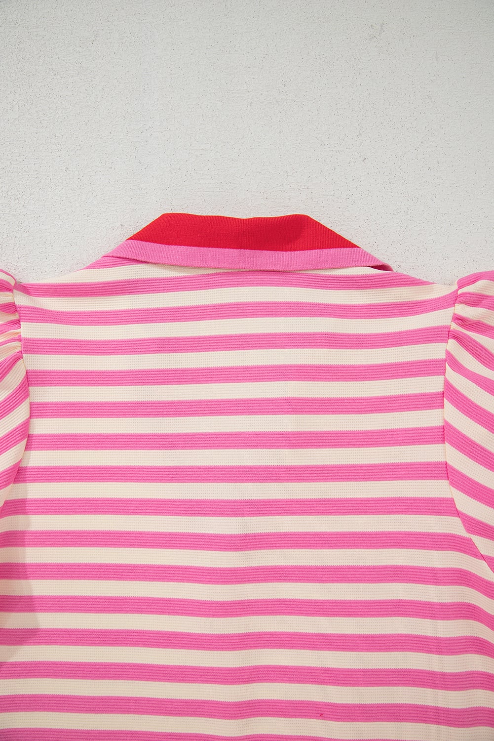 Sachet Pink Stripe Print Contrast Collar Split Neck Flutter Sleeve Short Dress