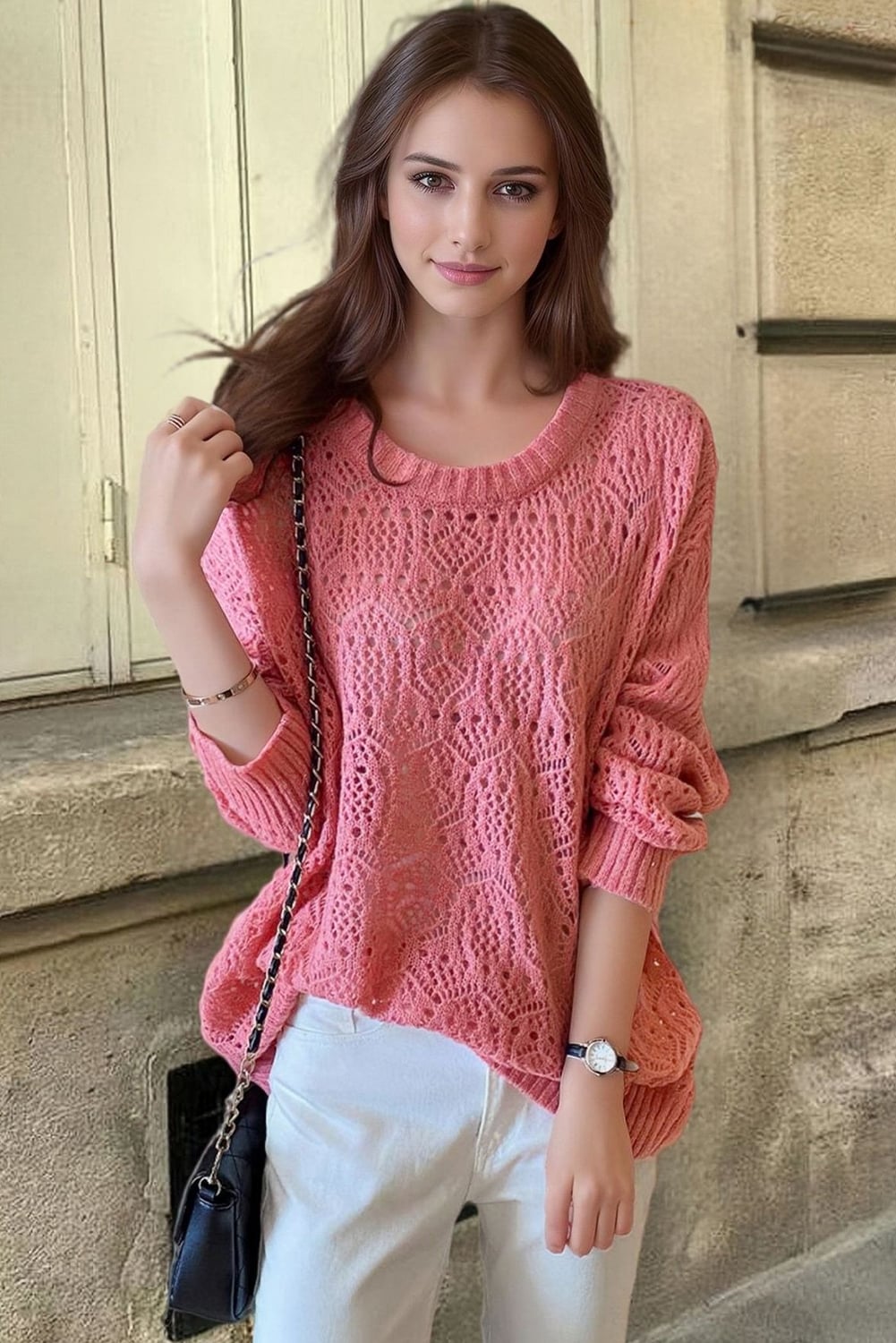 Sachet Pink Stylish Hollowed Pattern Knit Round Neck Sweater
