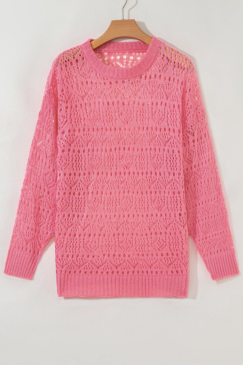 Sachet Pink Stylish Hollowed Pattern Knit Round Neck Sweater