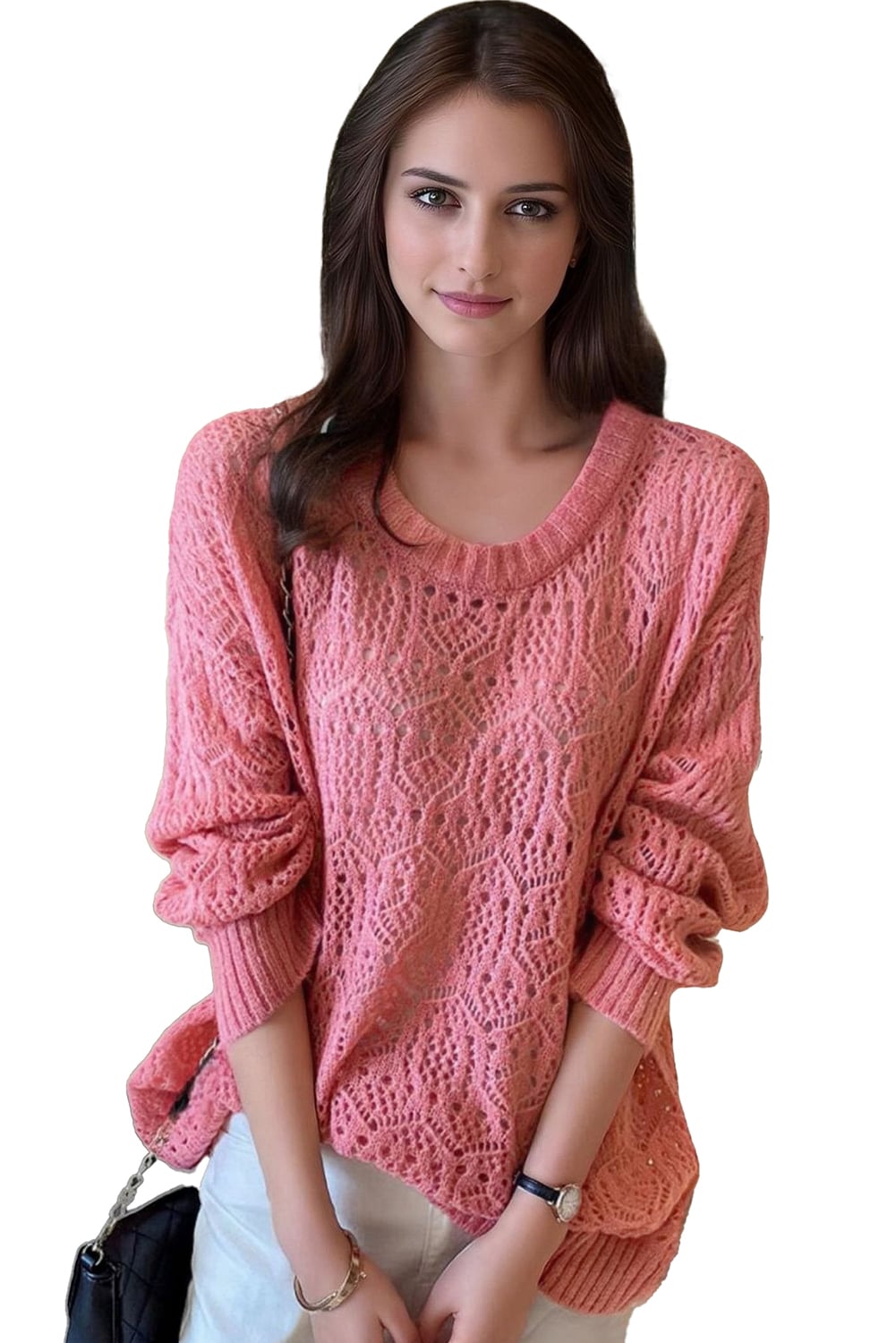 Sachet Pink Stylish Hollowed Pattern Knit Round Neck Sweater