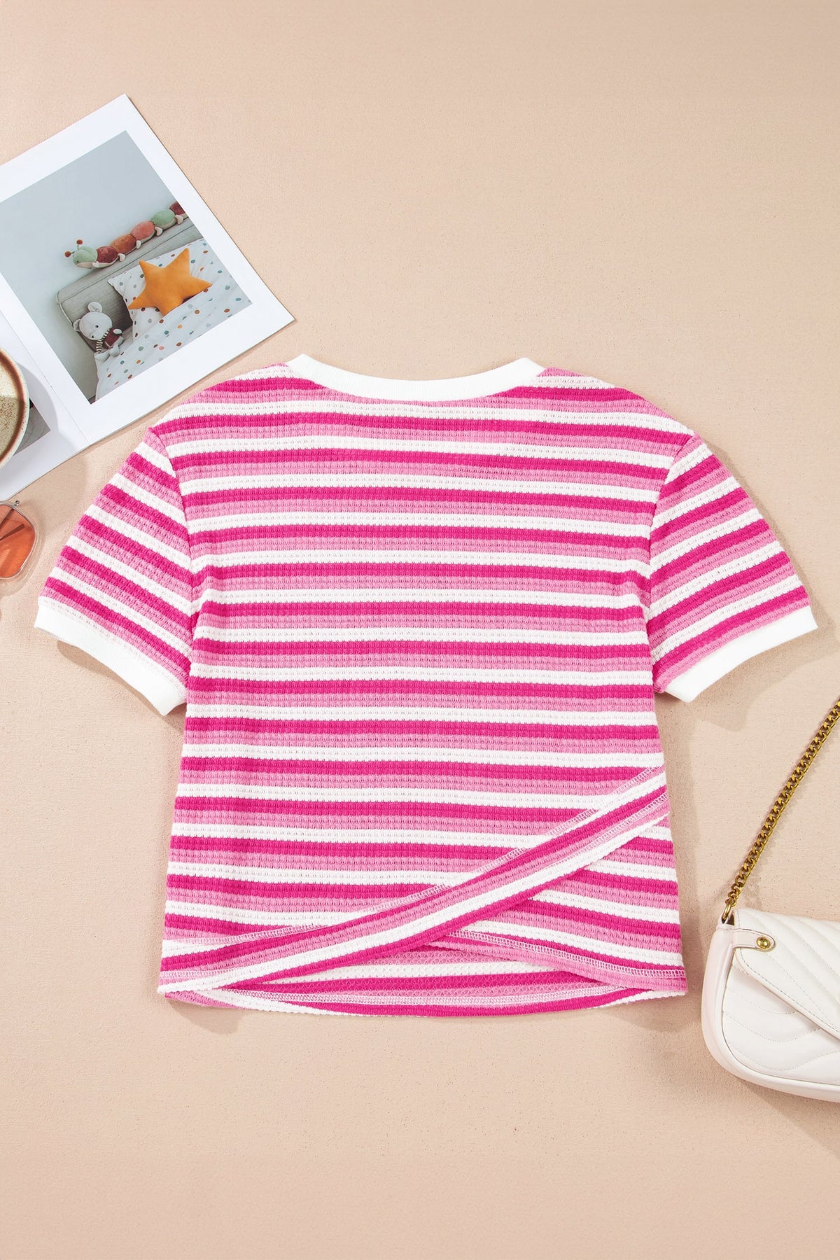 Sachet Pink Textured Knit Short Sleeve Crossed Detail Tee