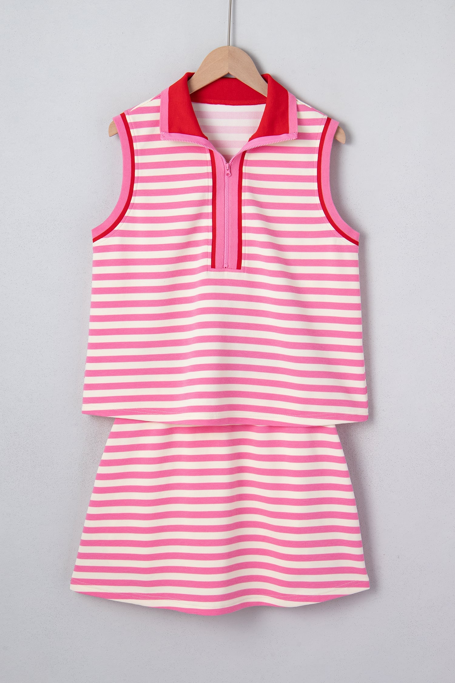Sachet Pink Textured Stripe Print Contrast Trim Zip Collar Sleeveless 2pcs Skort Set
