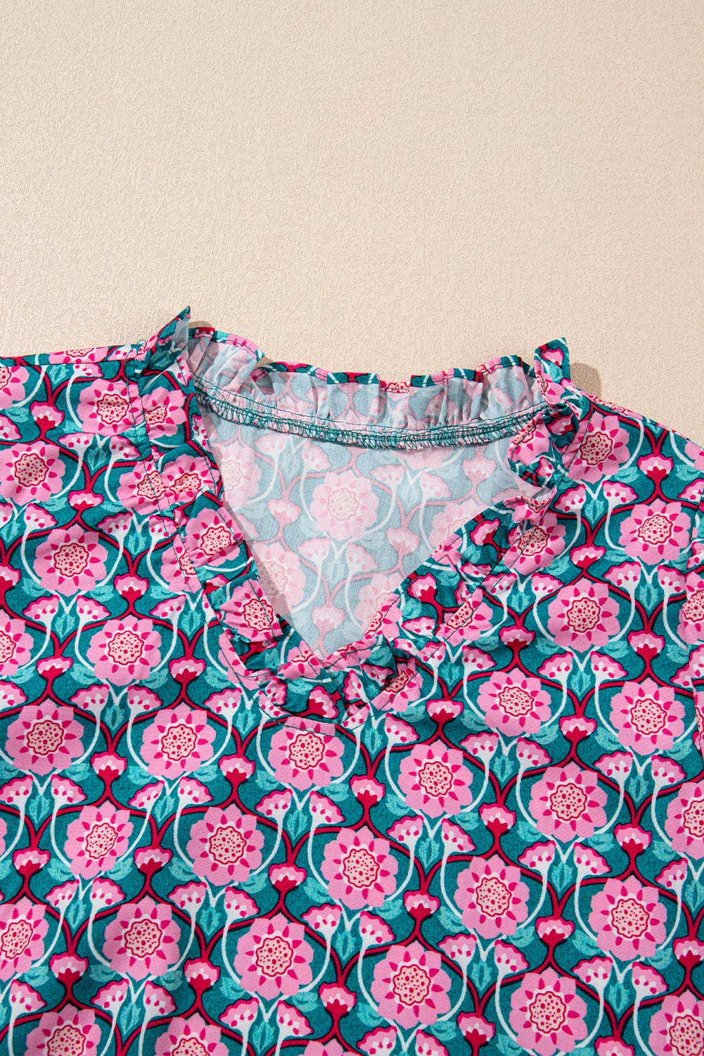 Sachet Pink V-Neck Ruffle Abstract Floral Print Puff Sleeve Top